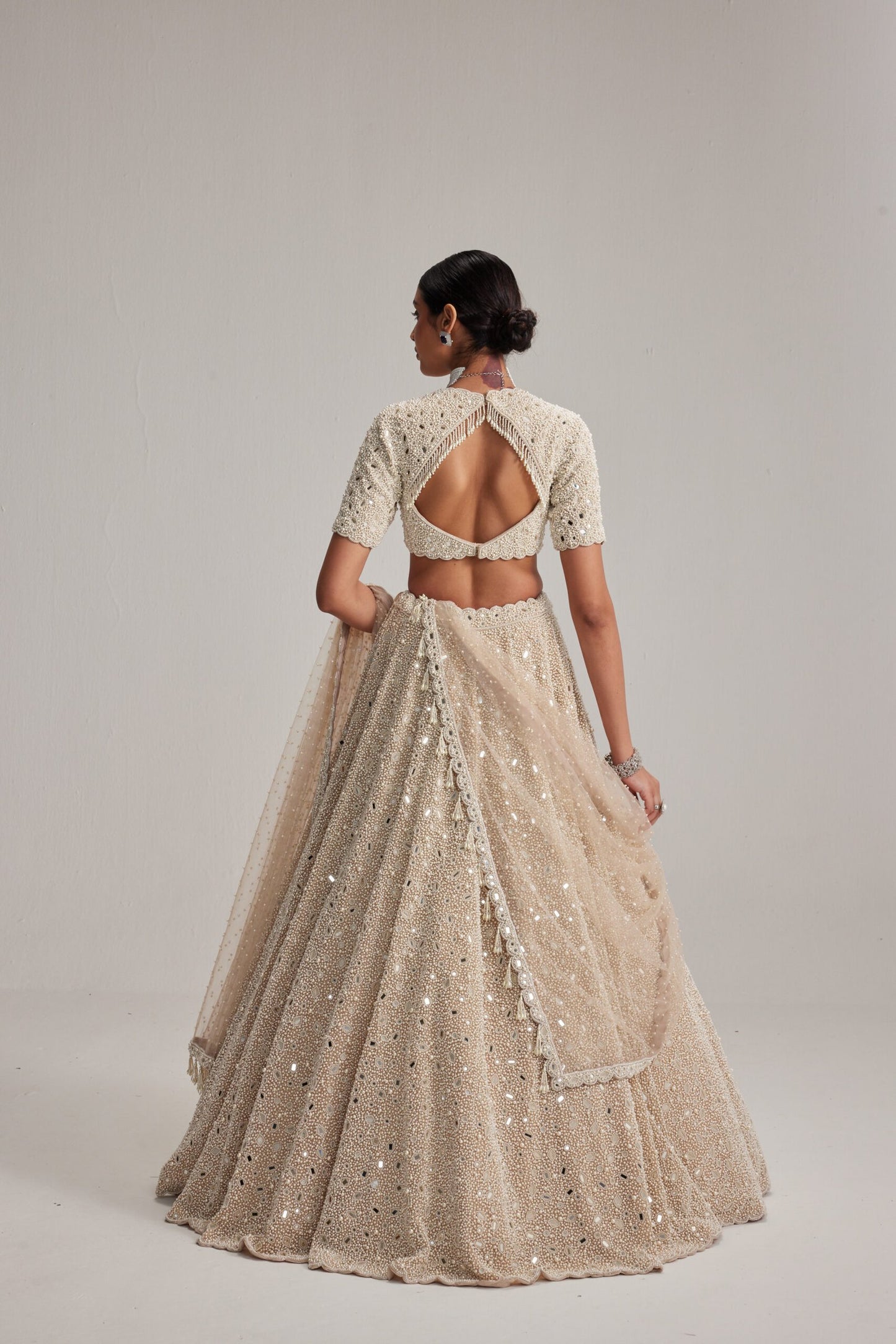 Light Beige Dense Pearl & Mirror Lehenga with High Neck Blouse and Dupatta