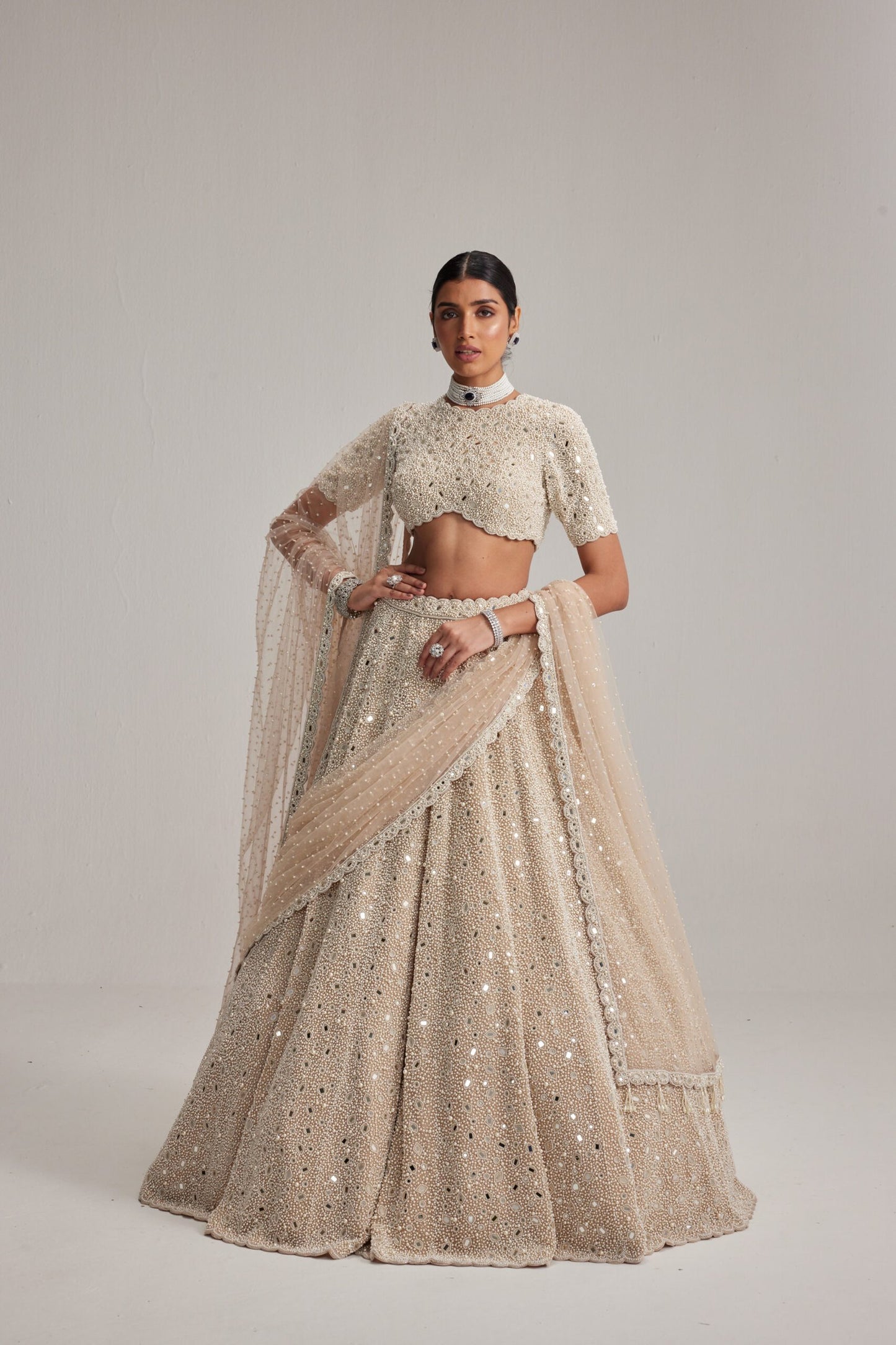 Light Beige Dense Pearl & Mirror Bridal Lehenga with High-Neck Blouse, Double Dupatta & Veil