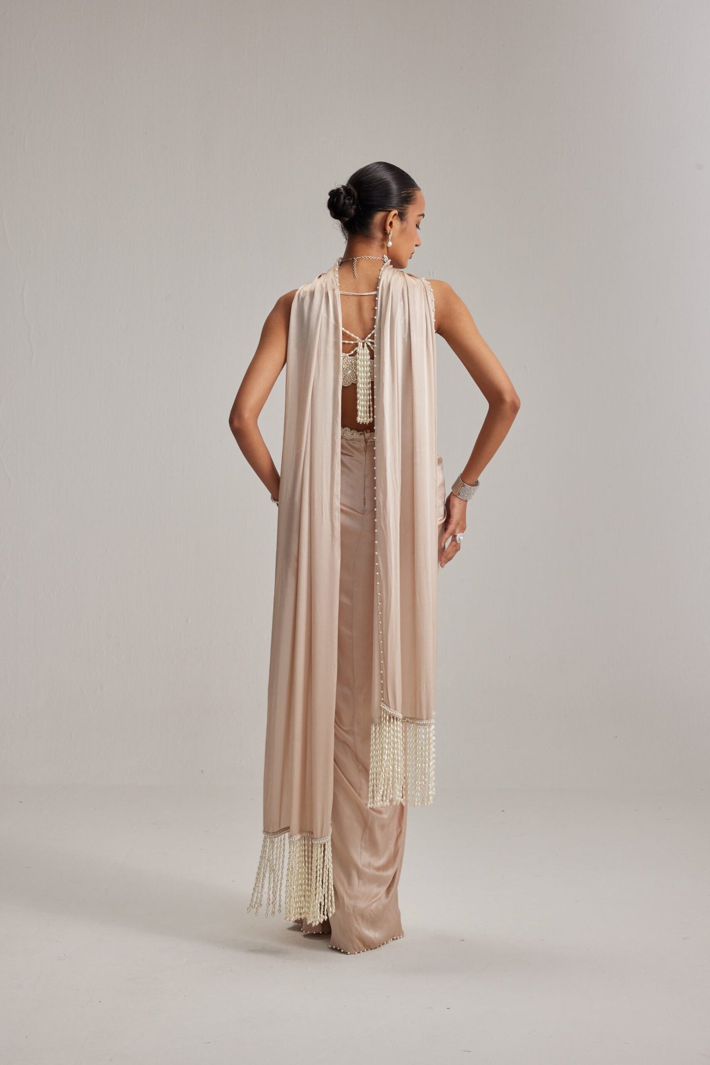 Light Beige Satin draped skirt set