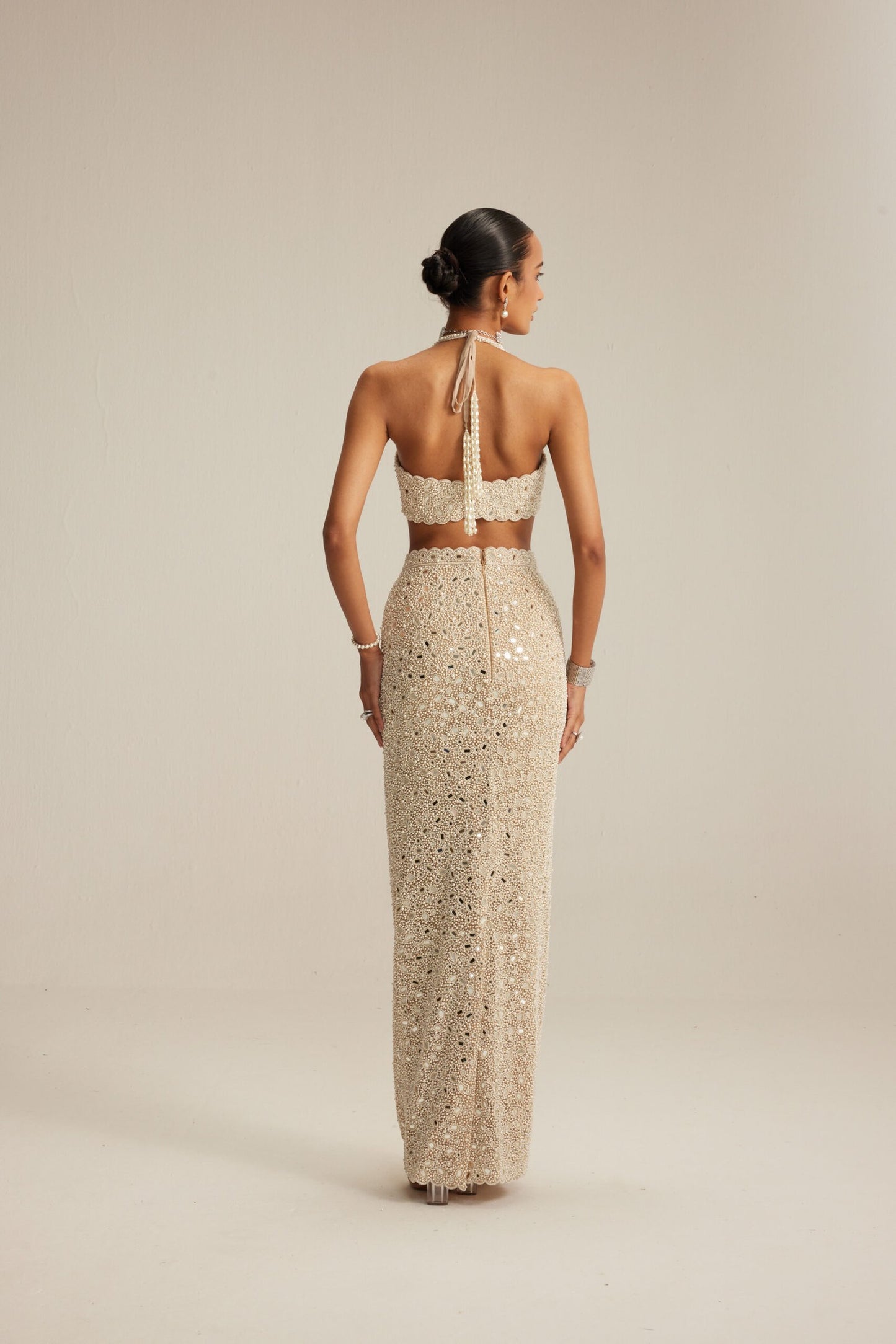 Light Beige dense Pearl and Mirror Pencil Skirt With Halter Neck Blouse and stole