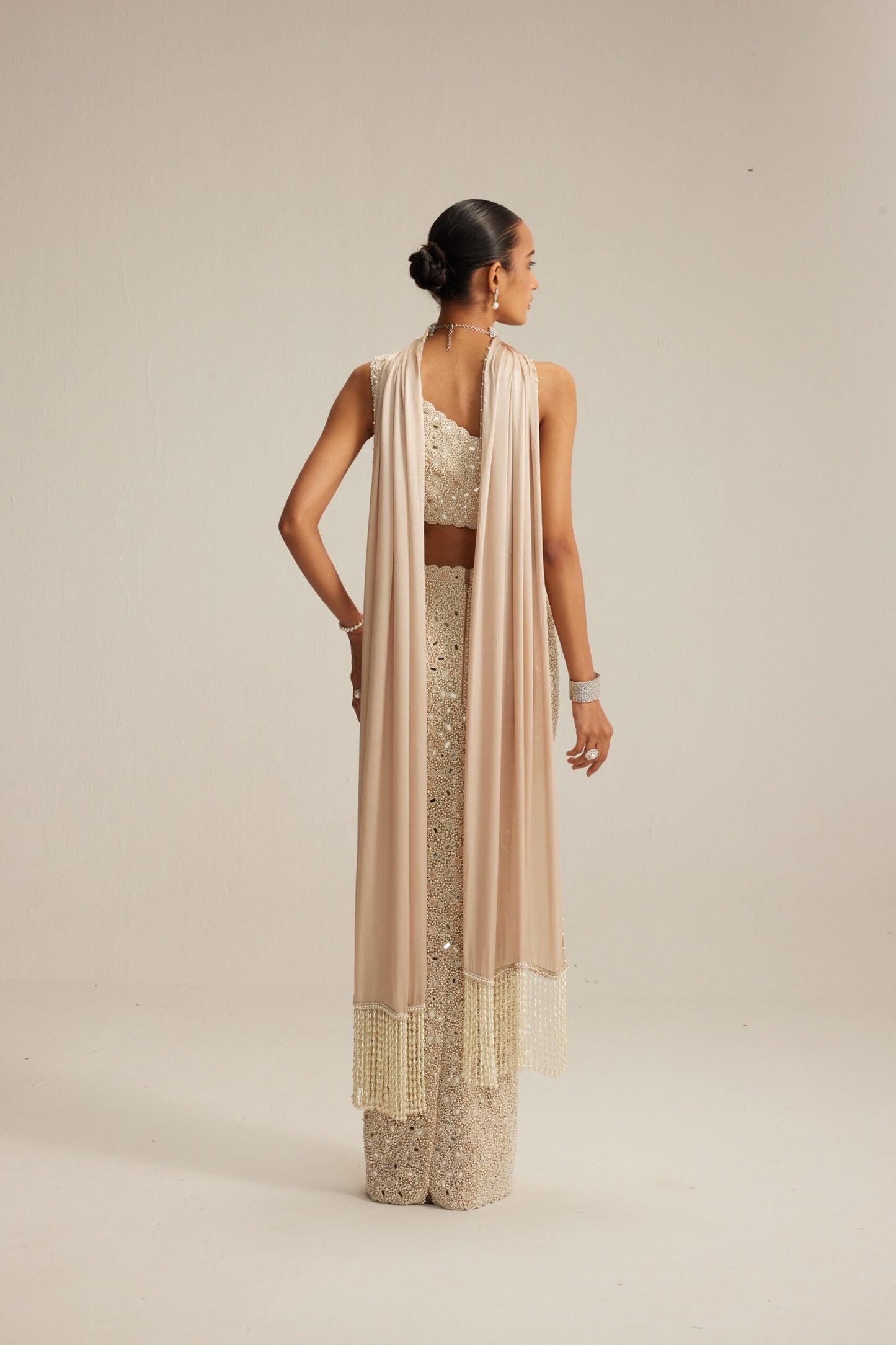 Light Beige Mirror & Pearl Pencil Skirt Set with One-Shoulder Blouse and Satin Stole