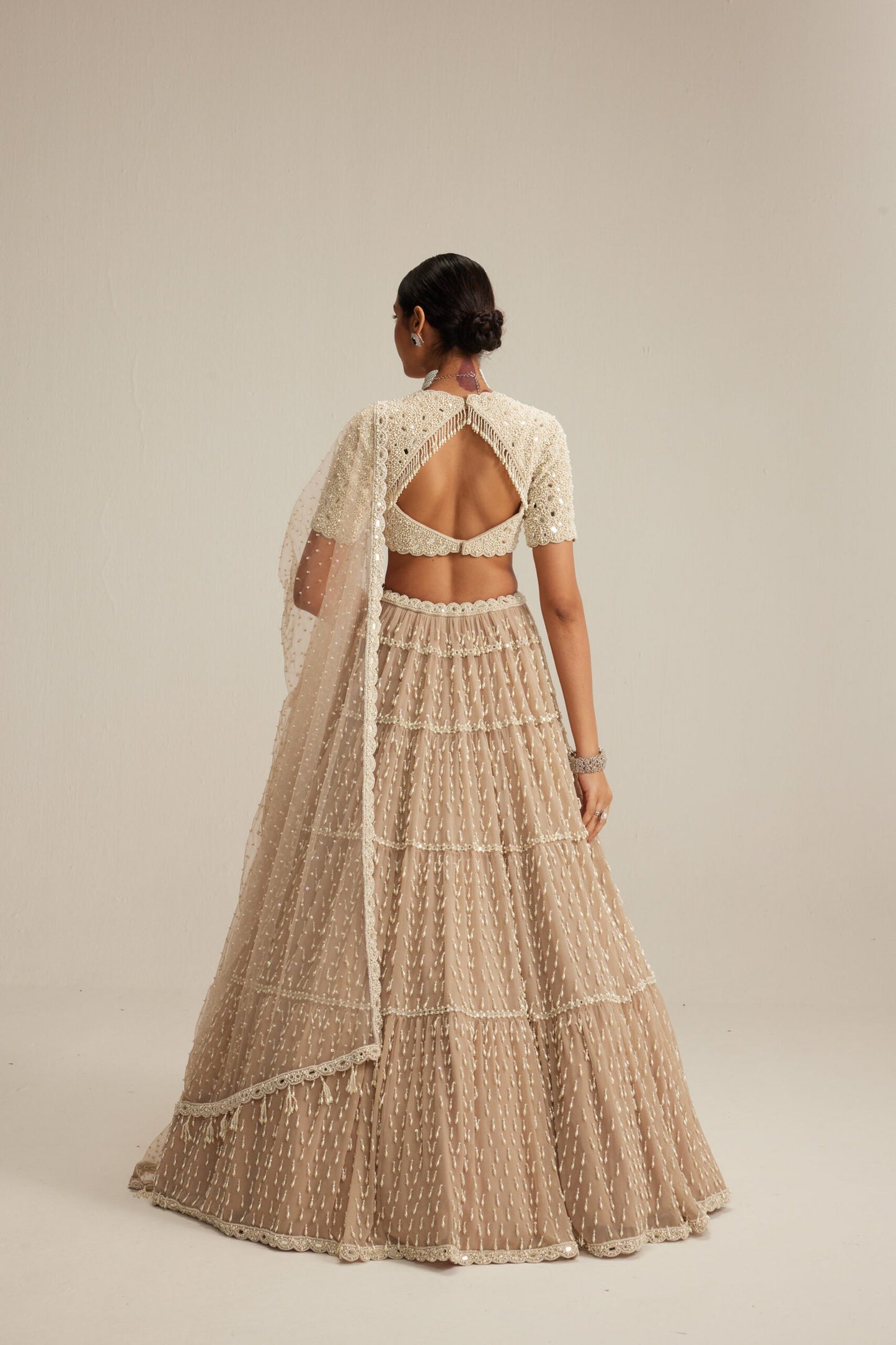 Light Beige Pearl Drop Lehenga with High Neck Blouse