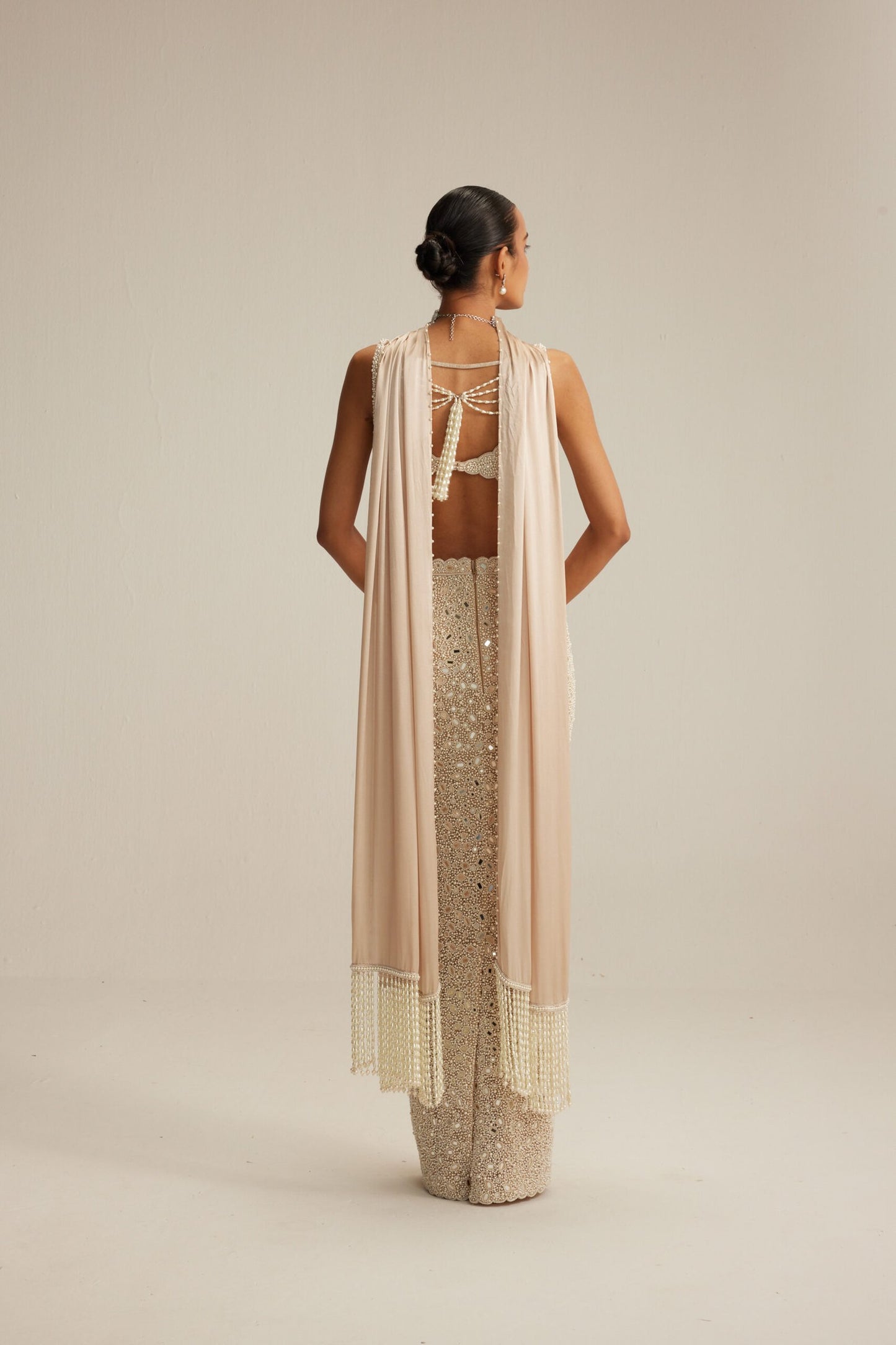 Light Beige Dense Pearl and Mirror Pencil Skirt with V Neck Blouse