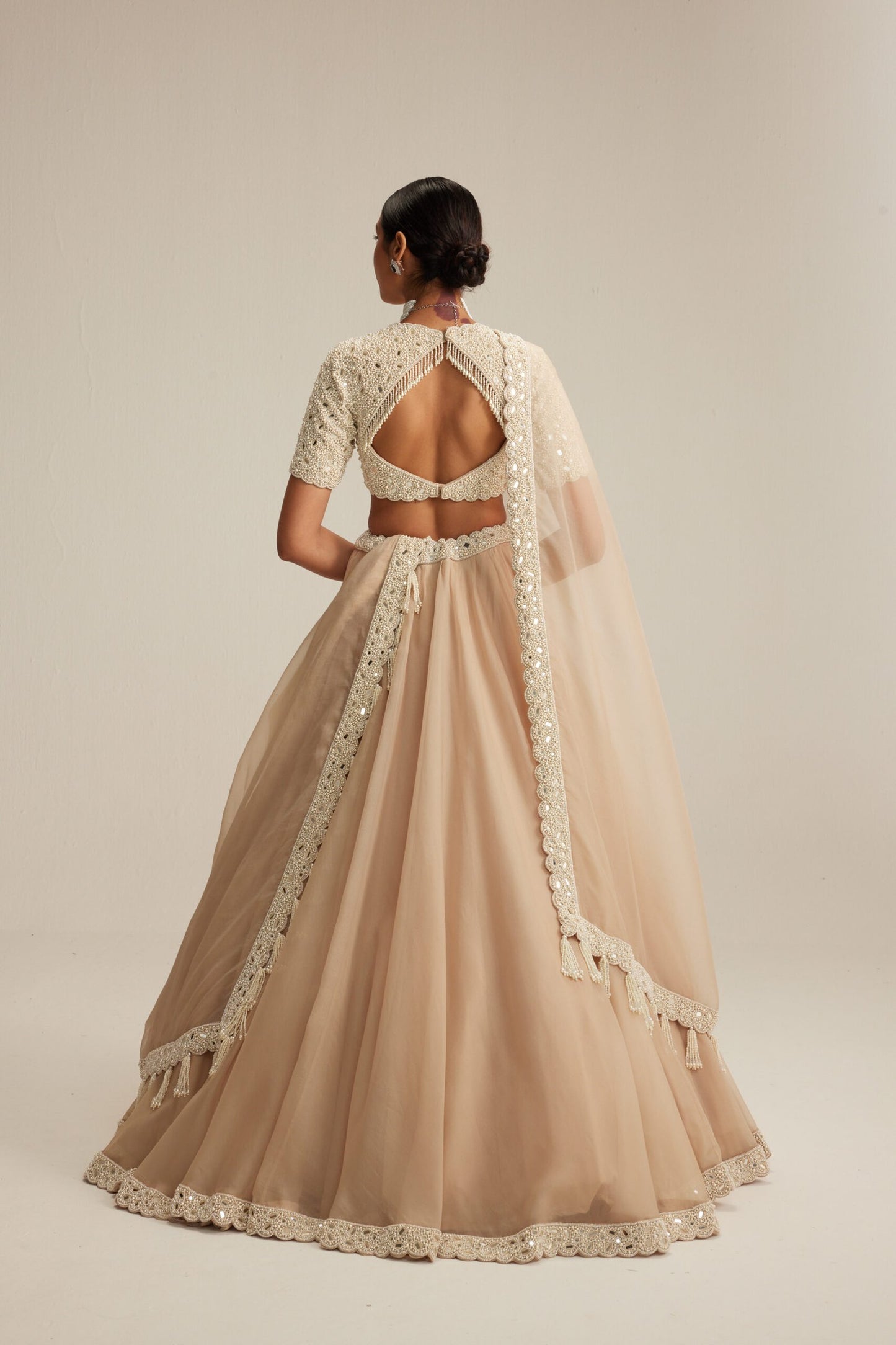 Light Beige Organza Lehenga Set with High Neck Blouse
