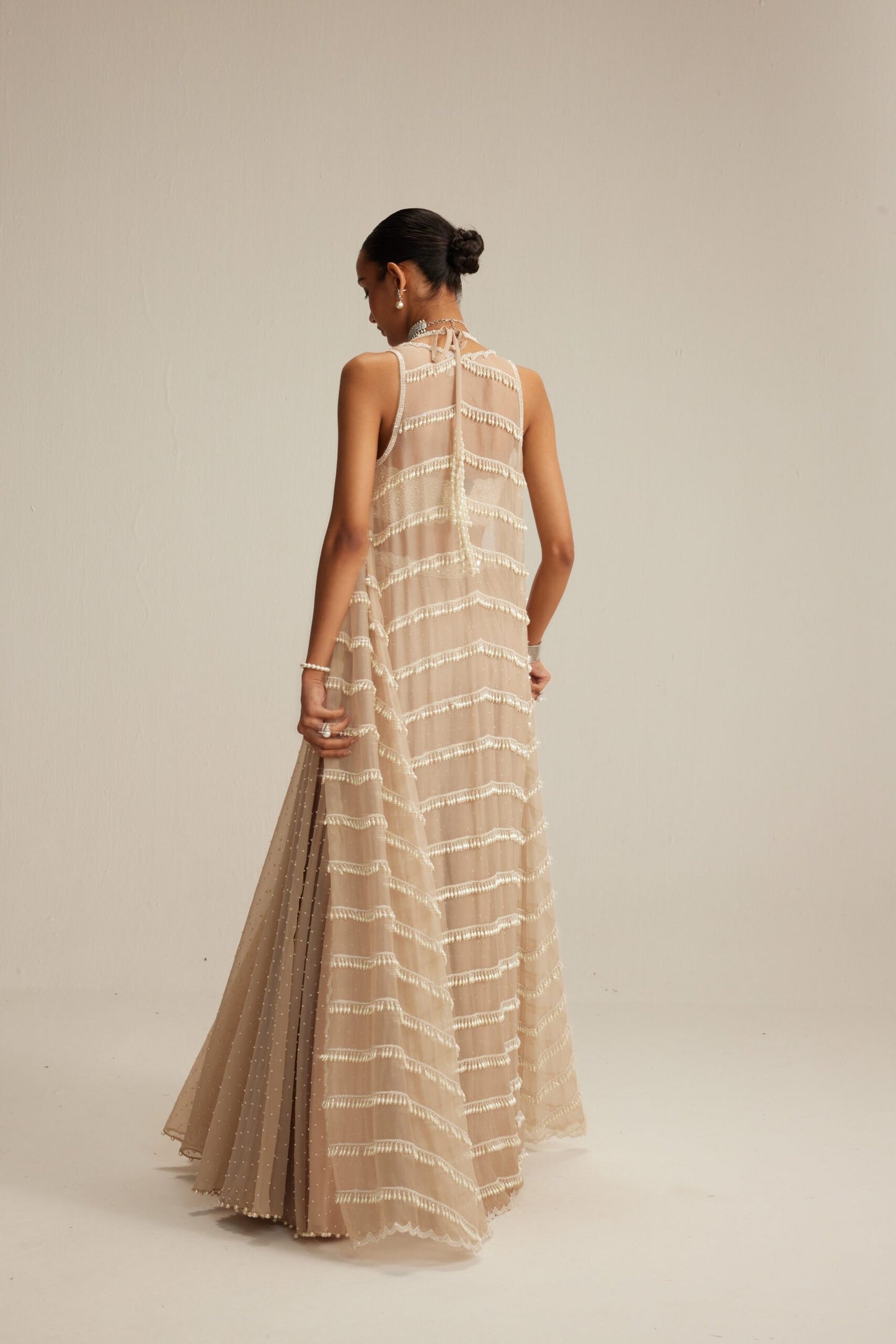 Light Beige Linear Pearl Drop Jacket Skirt Set