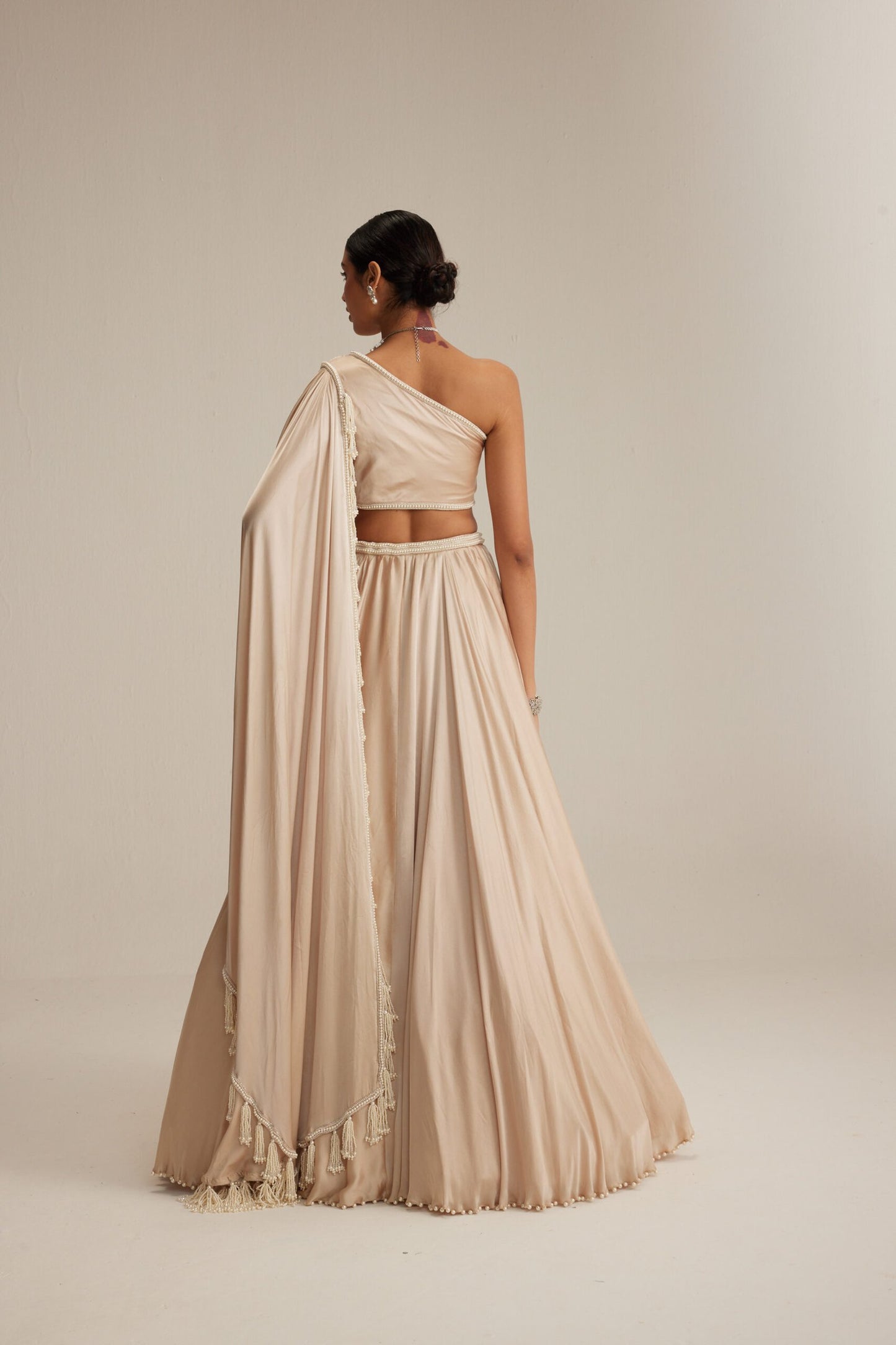 Light Beige One Shoulder Satin Lehenga Set