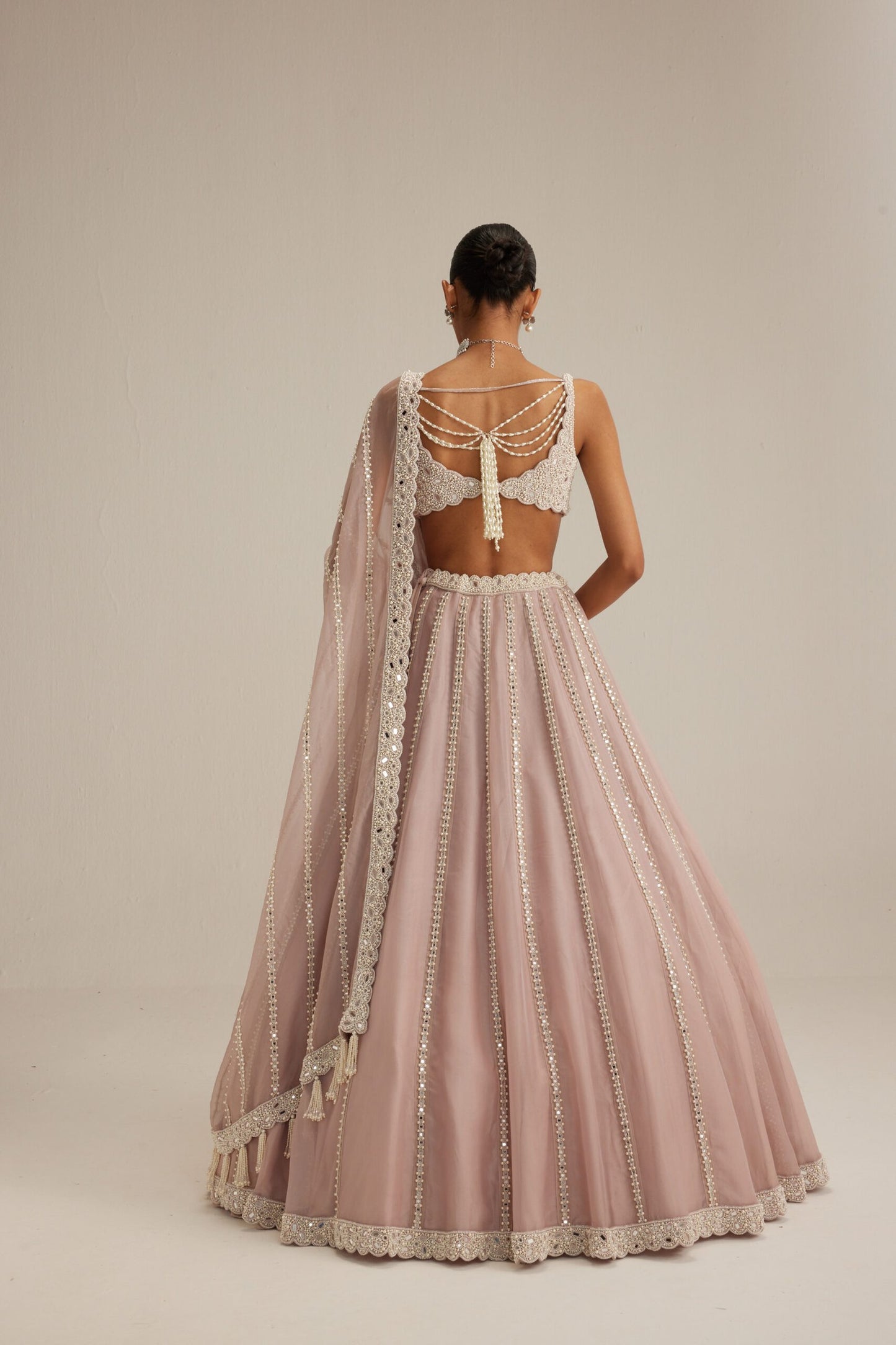 Ash Pink Pearl & Mirror linear Lehenga with V neck Blouse
