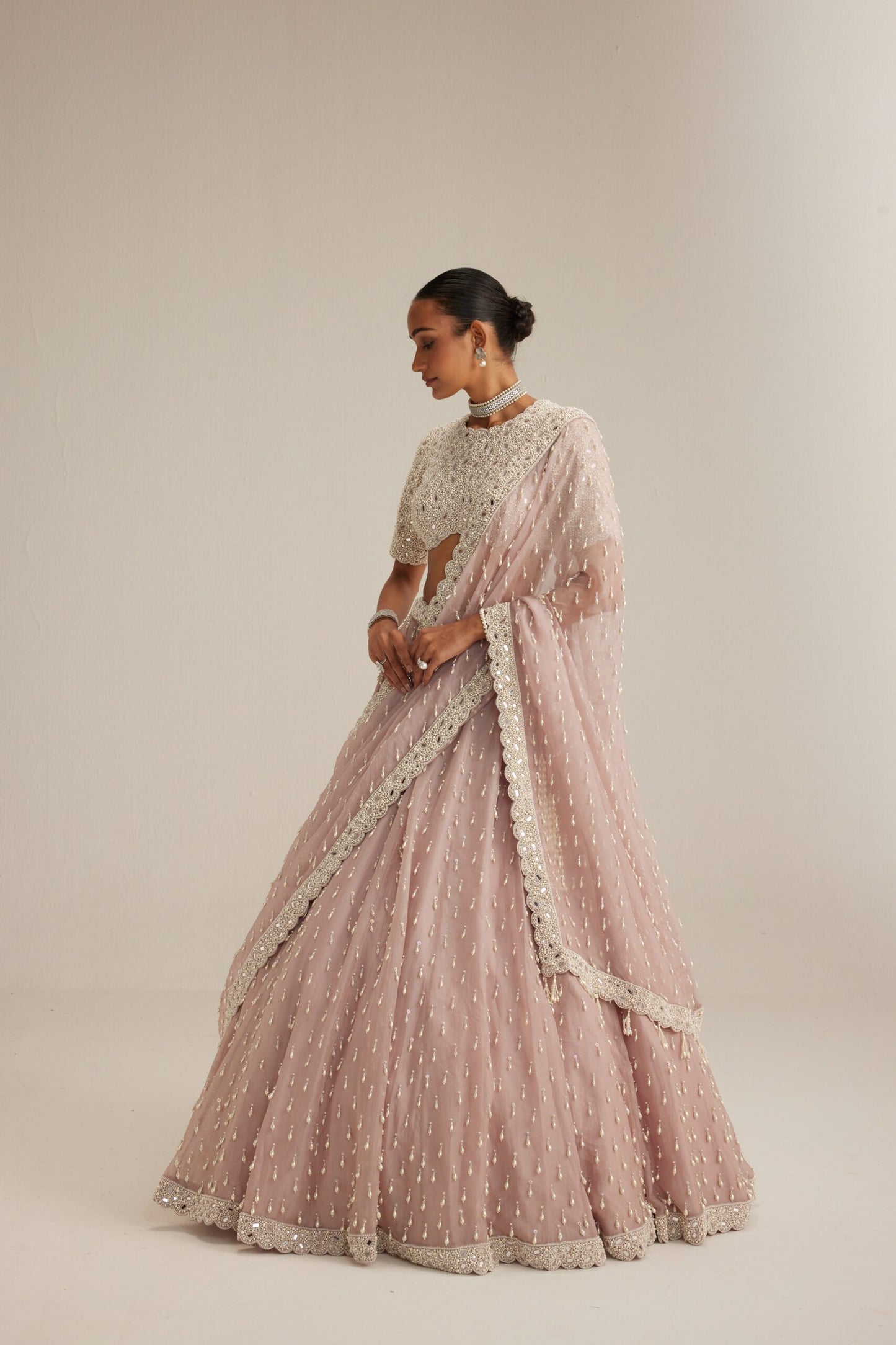 Ash Pink Pearl Drop Lehenga with high neck blouse
