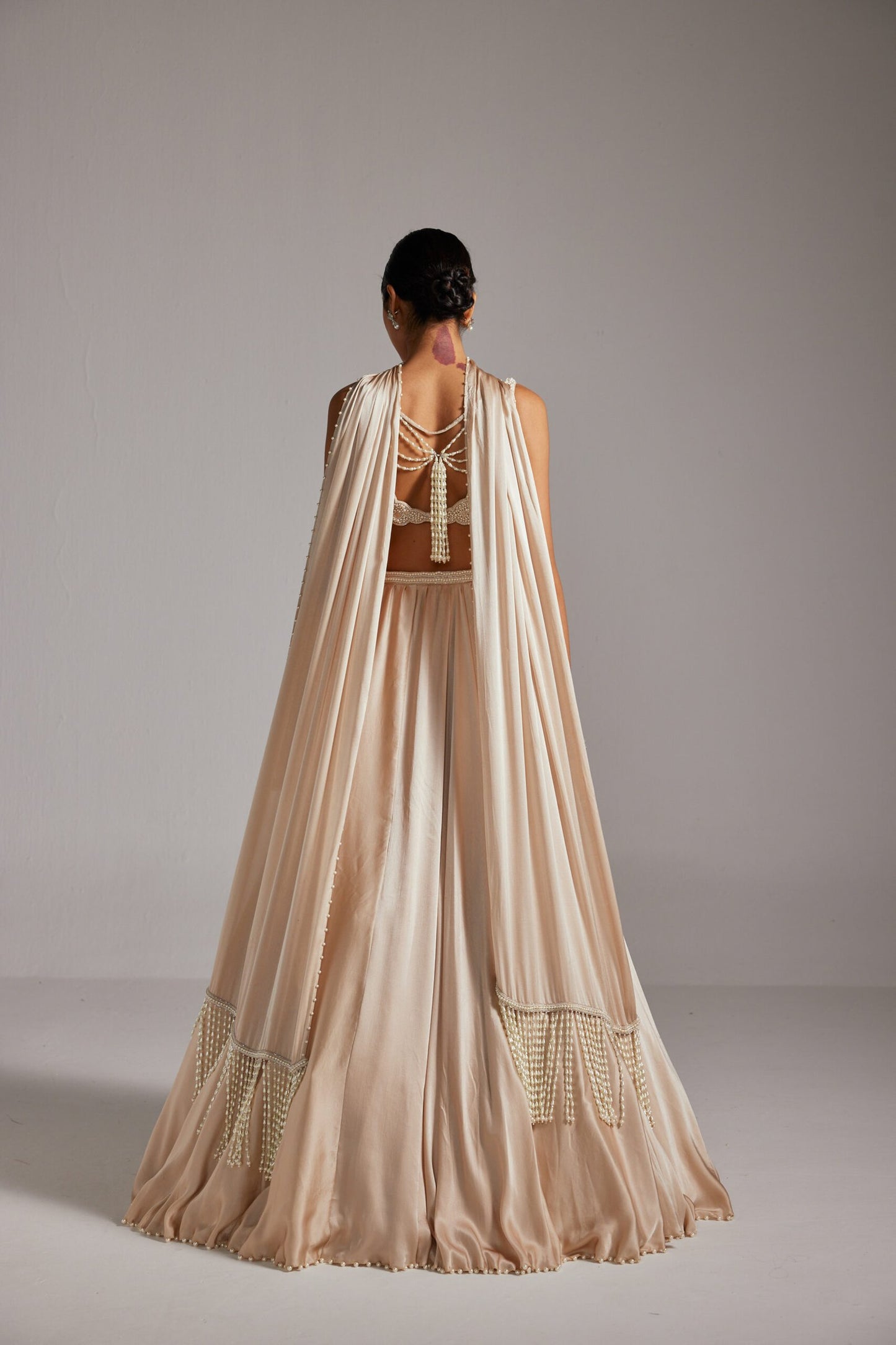 Light Beige V neck Satin Lehenga Set