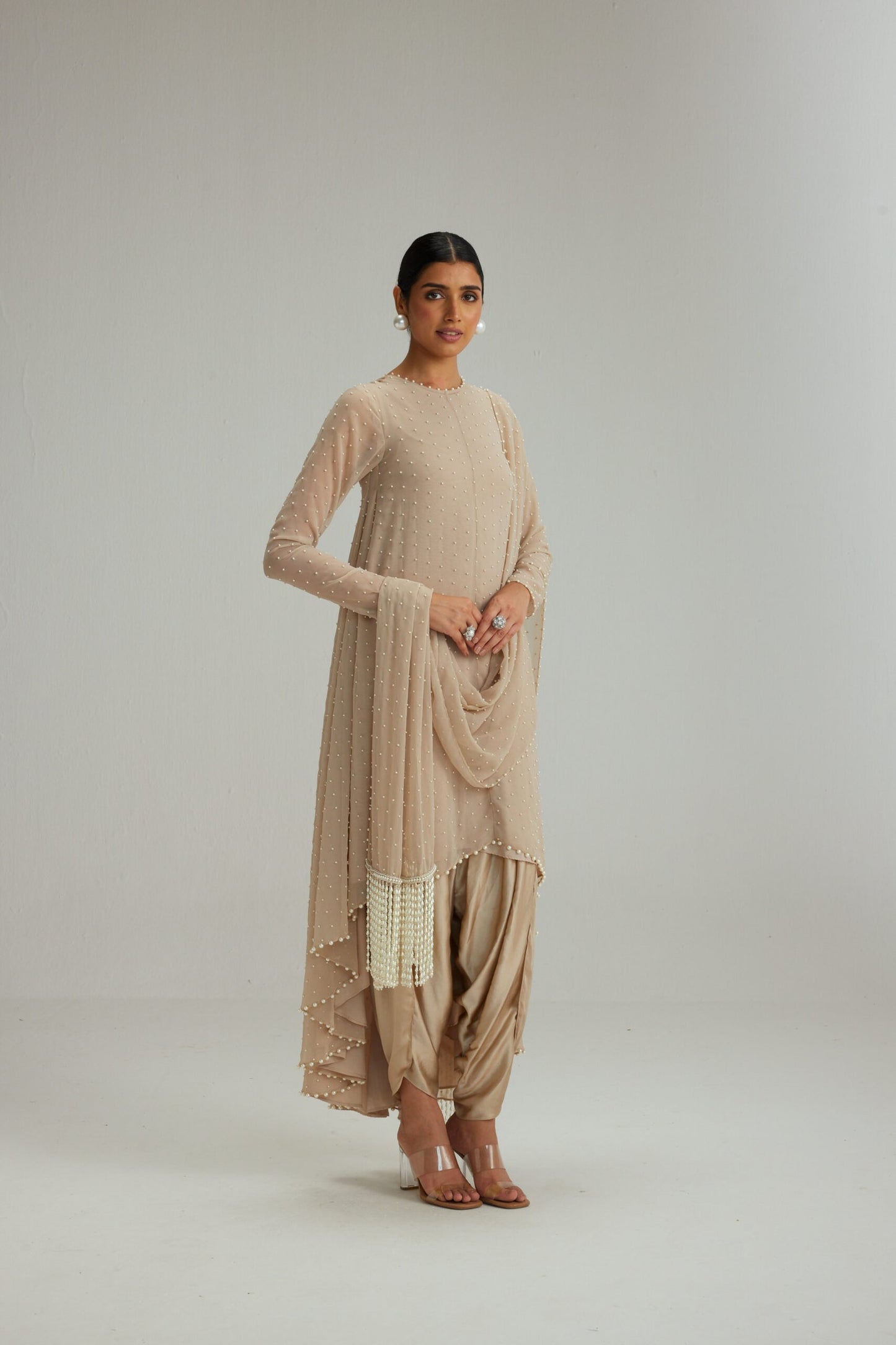 Light Beige Pearl Scattered Dhoti Kurta Set With Stole
