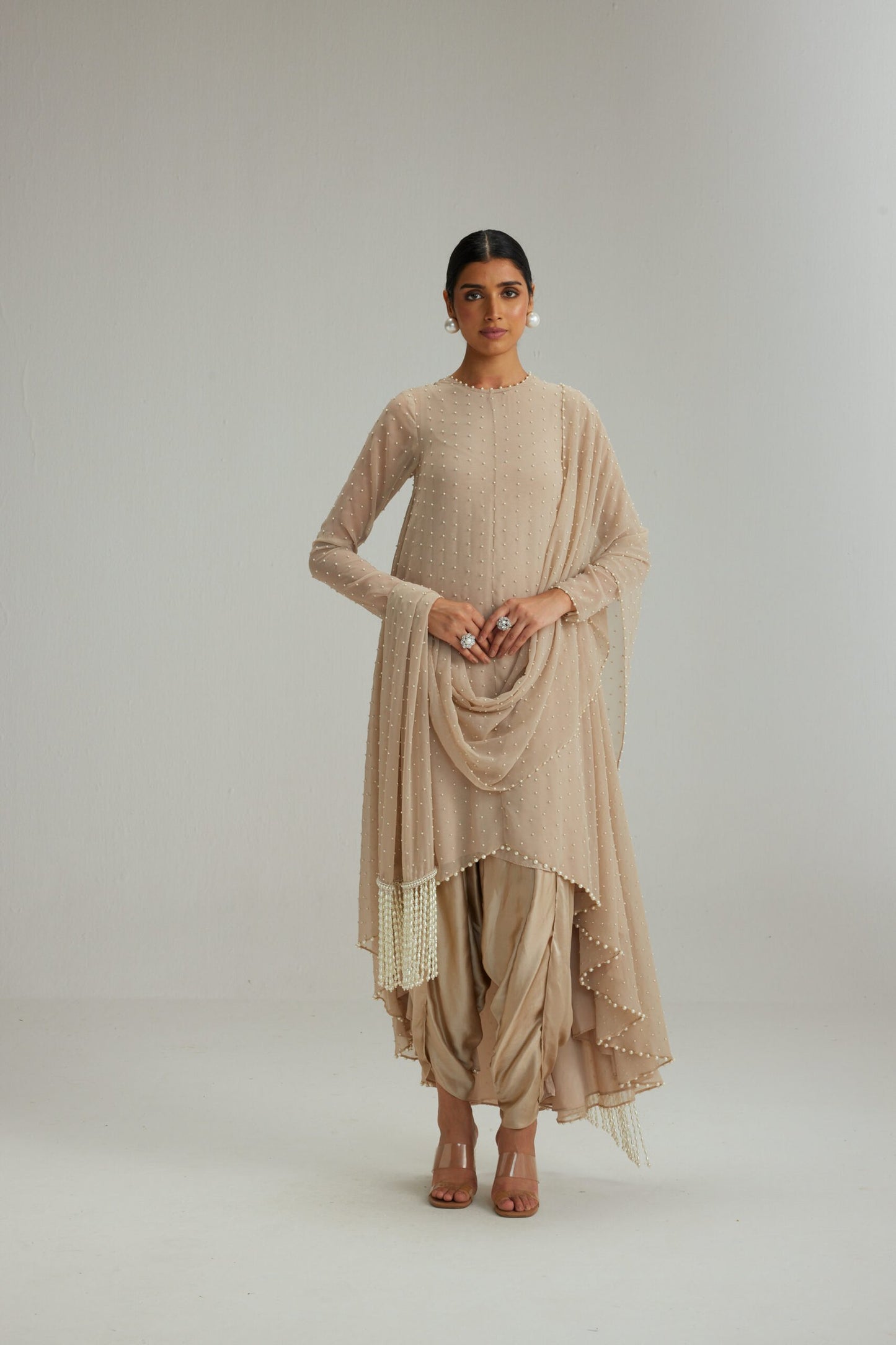 SAI PALLAVI IN Light Beige Pearl Scattered Dhoti Kurta Set With Stole