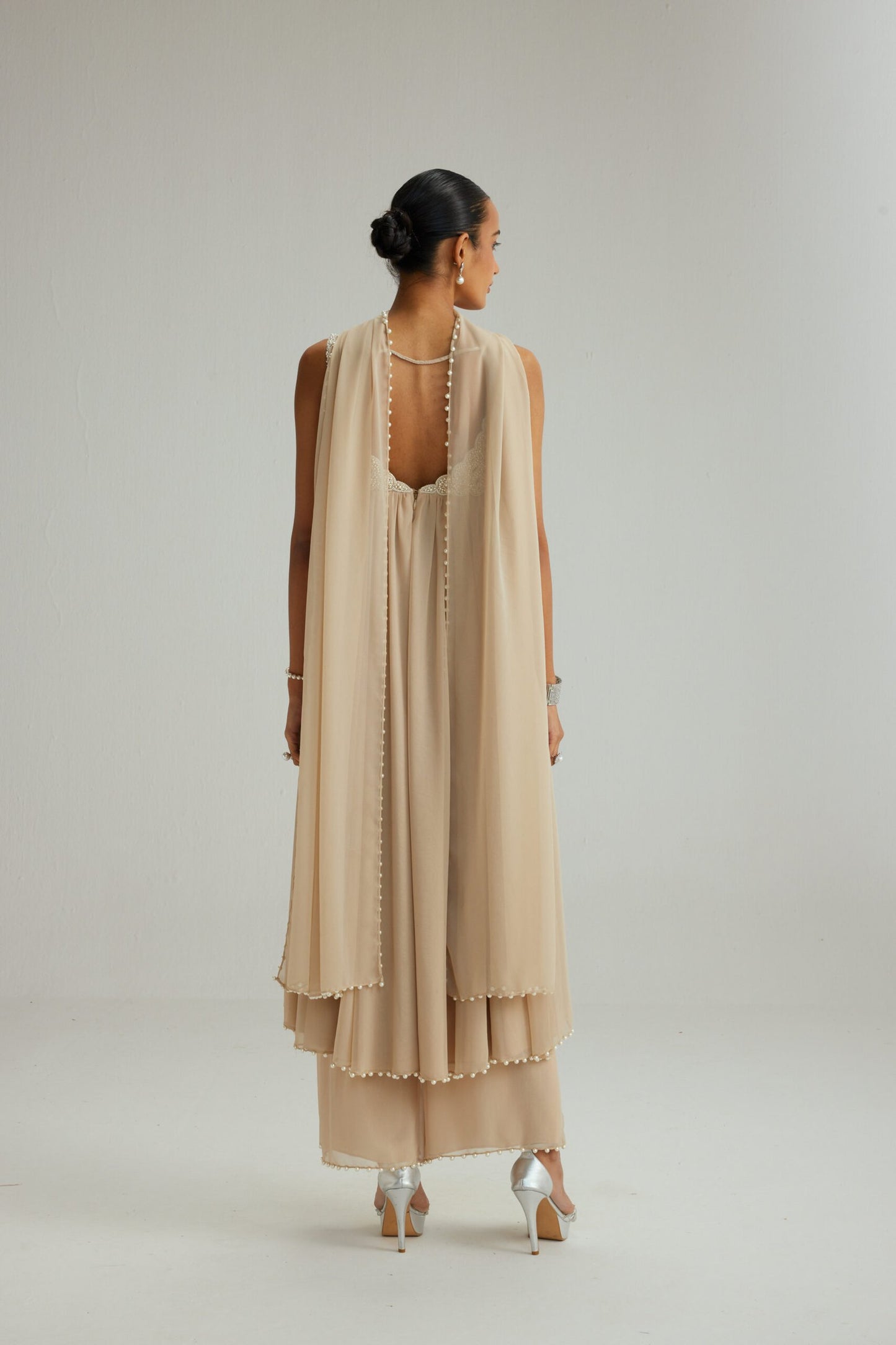 Light Beige Mirror and Pearl Asymmetrical Kurta set
