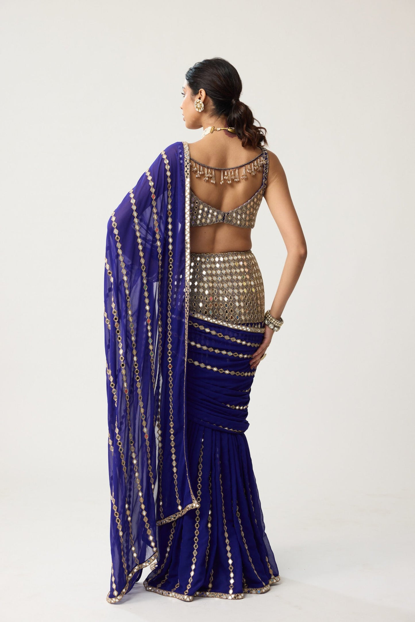 Persian Blue Fitted Linear Mirror Saree Set