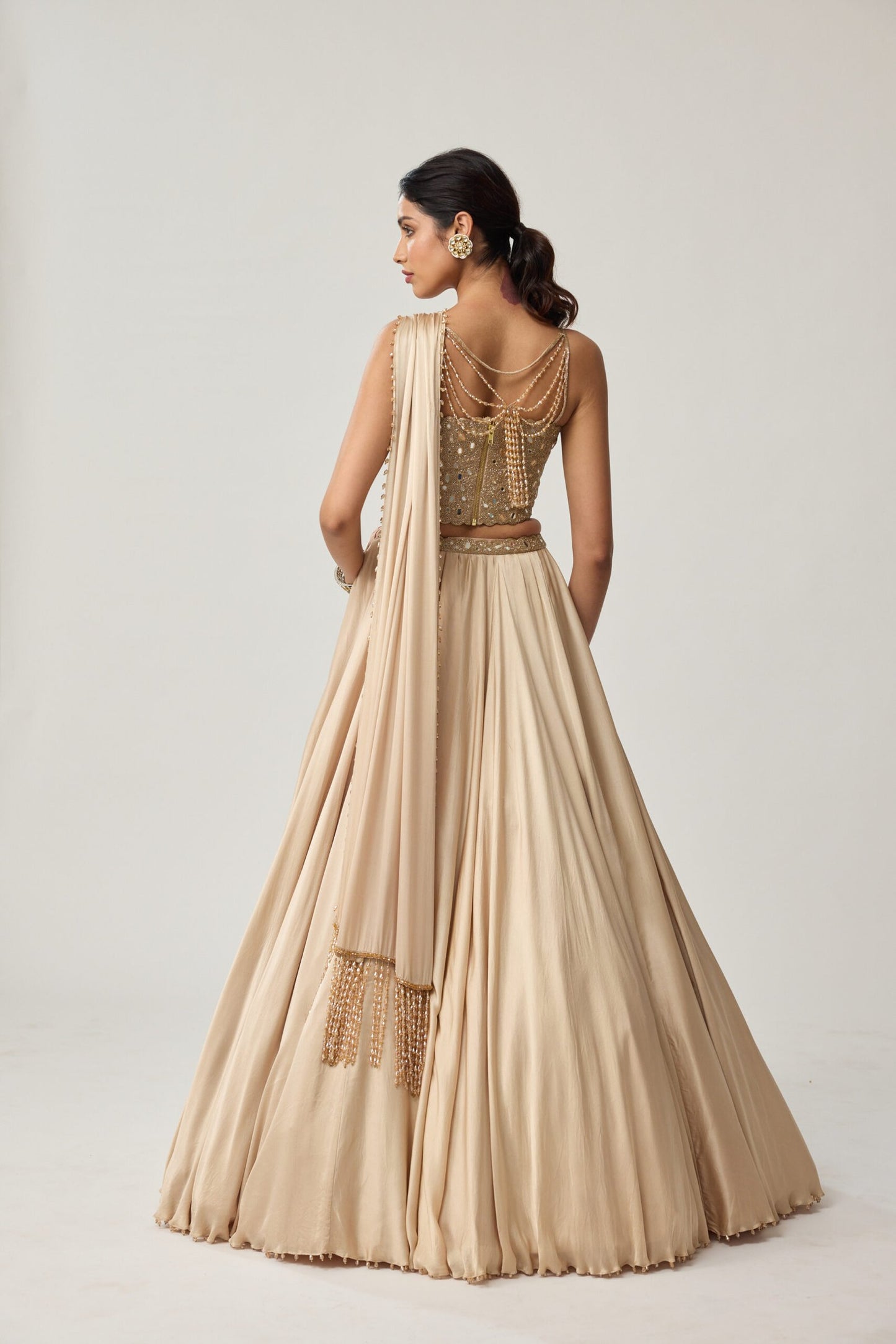 Light Beige Mirror Corset Satin skirt Set