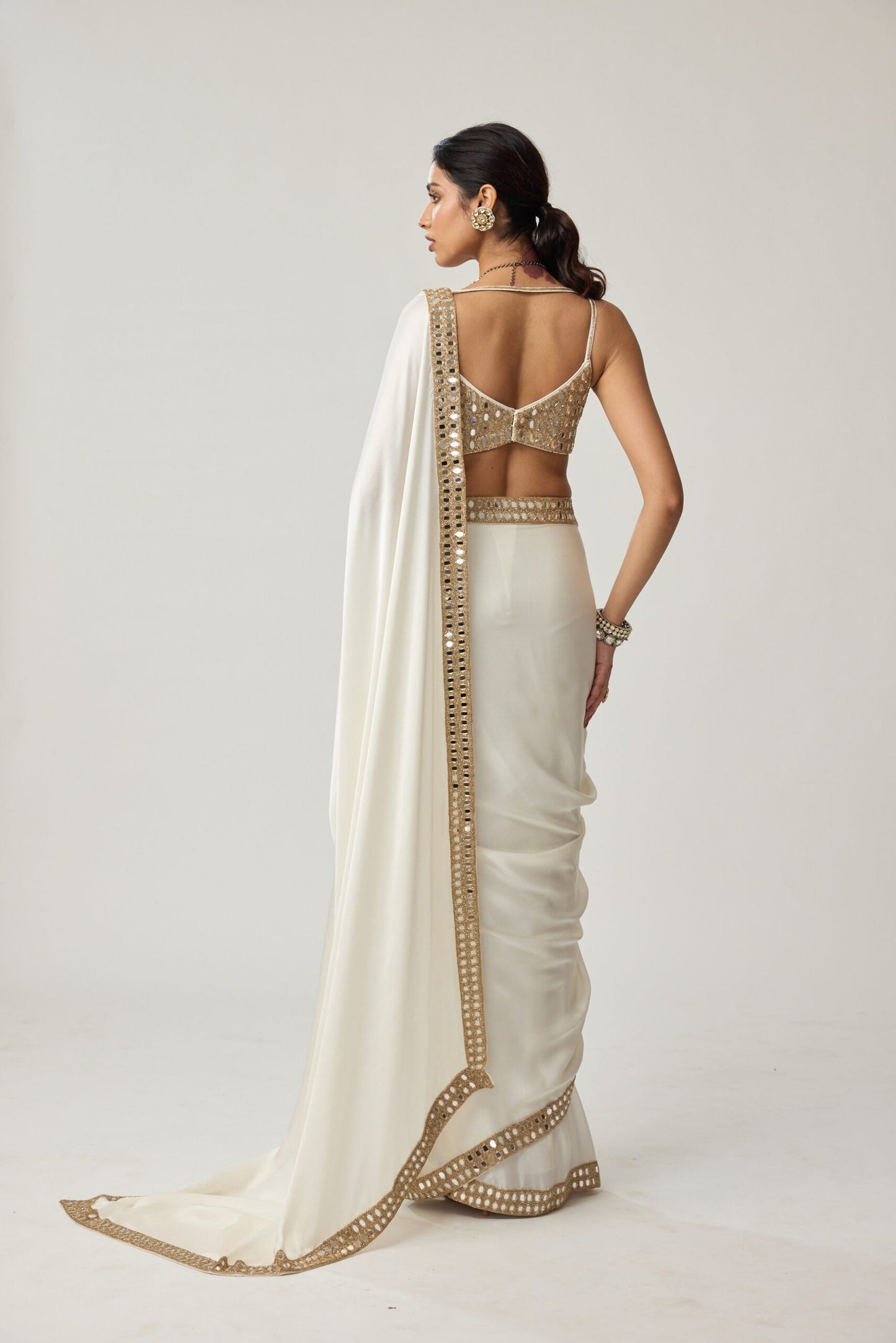 Off White Mirror Satin Saree Set