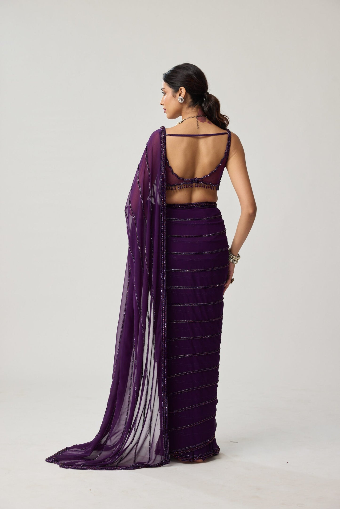 Royalty purple Crystal saree set