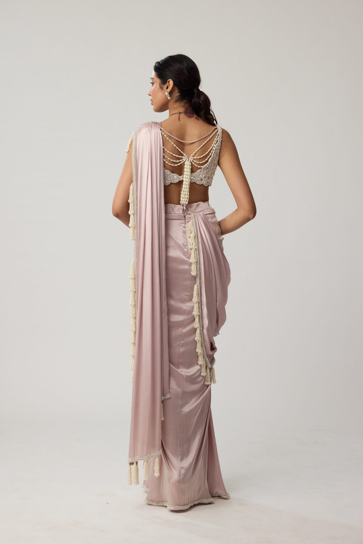 Ash Pink Pearl Satin draped Saree Set
