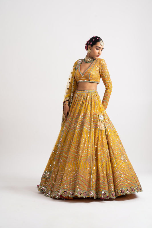 Yellow V Neck Heavy Multi Color Lehenga Set