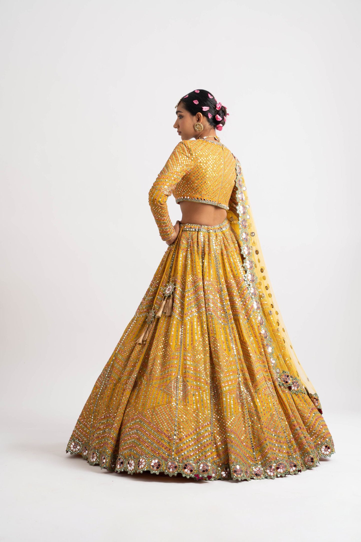 Yellow V Neck Heavy Multi Color Lehenga Set