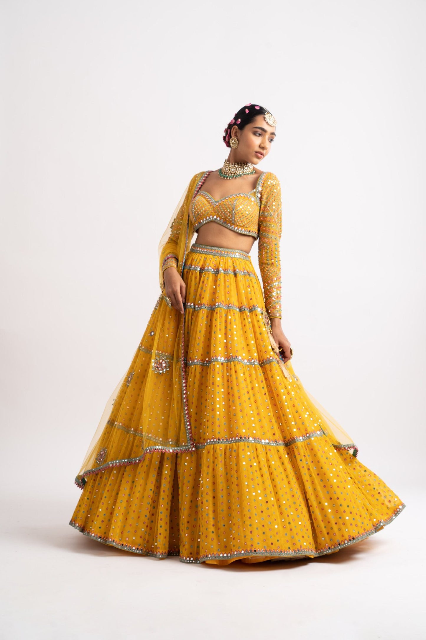Yellow Multi Tier Multi Color Lehenga Set