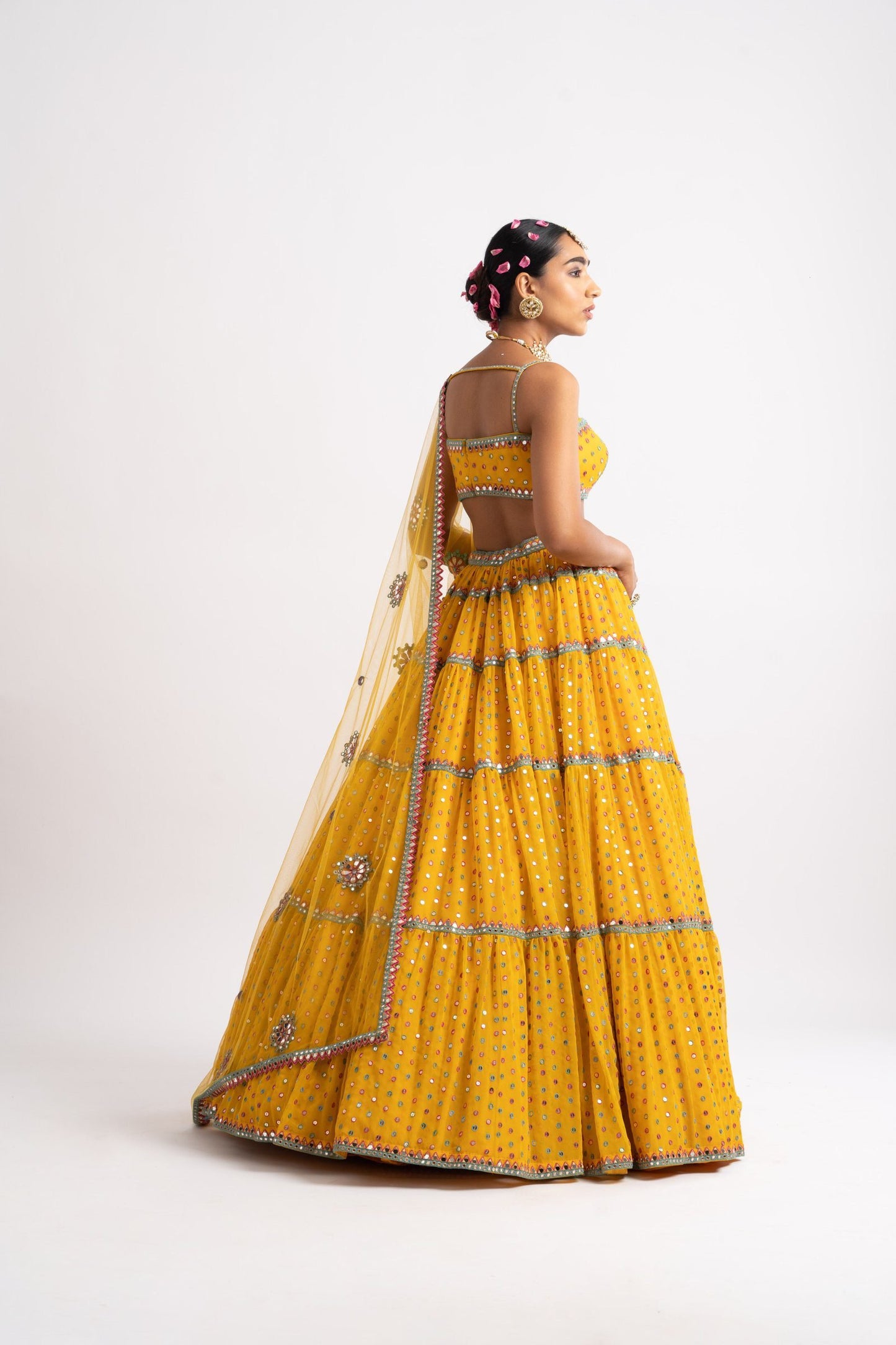 Yellow Noodle Strap Multi Tier Lehenga Set