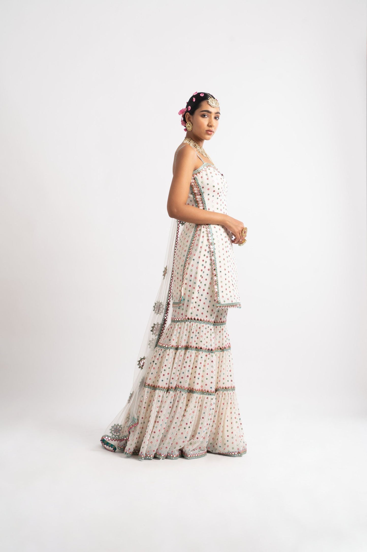 White Multi Tier Multi Color Sharara Set