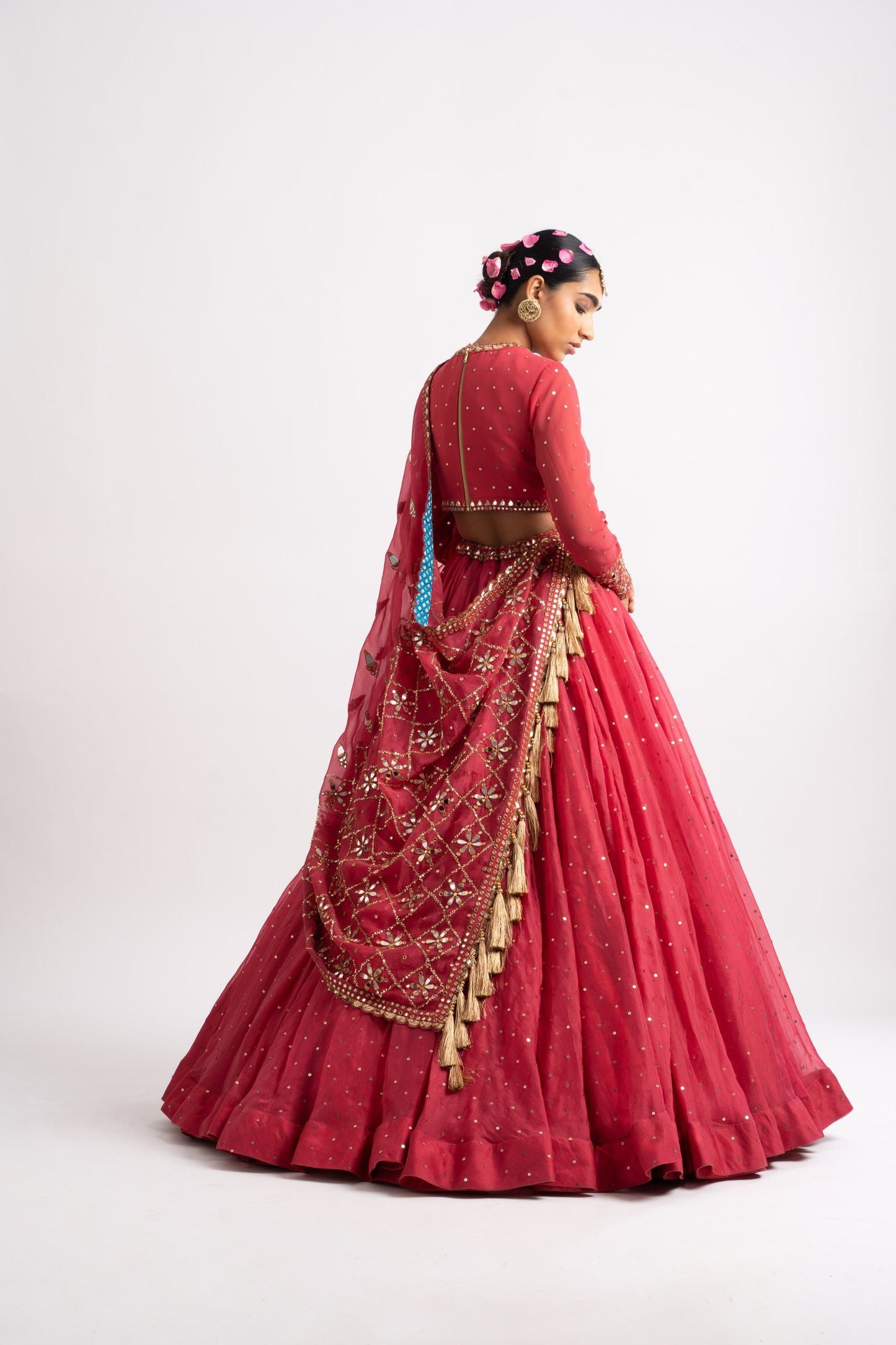 Deep Coral Silk Organza Heavy Dupatta Lehenga Set