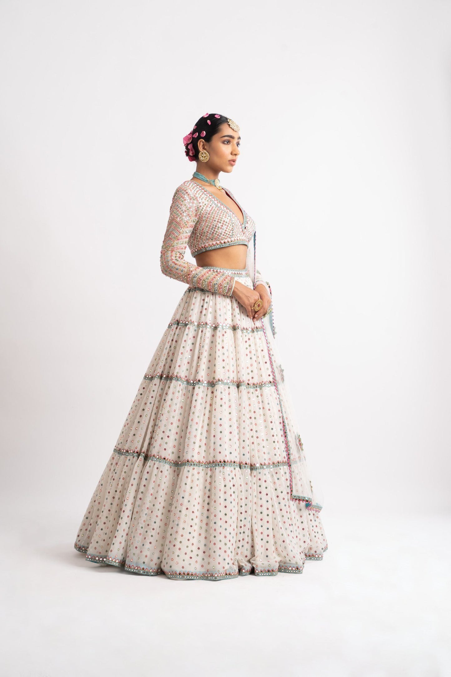 White Multi Tier Multi Color Lehenga Set