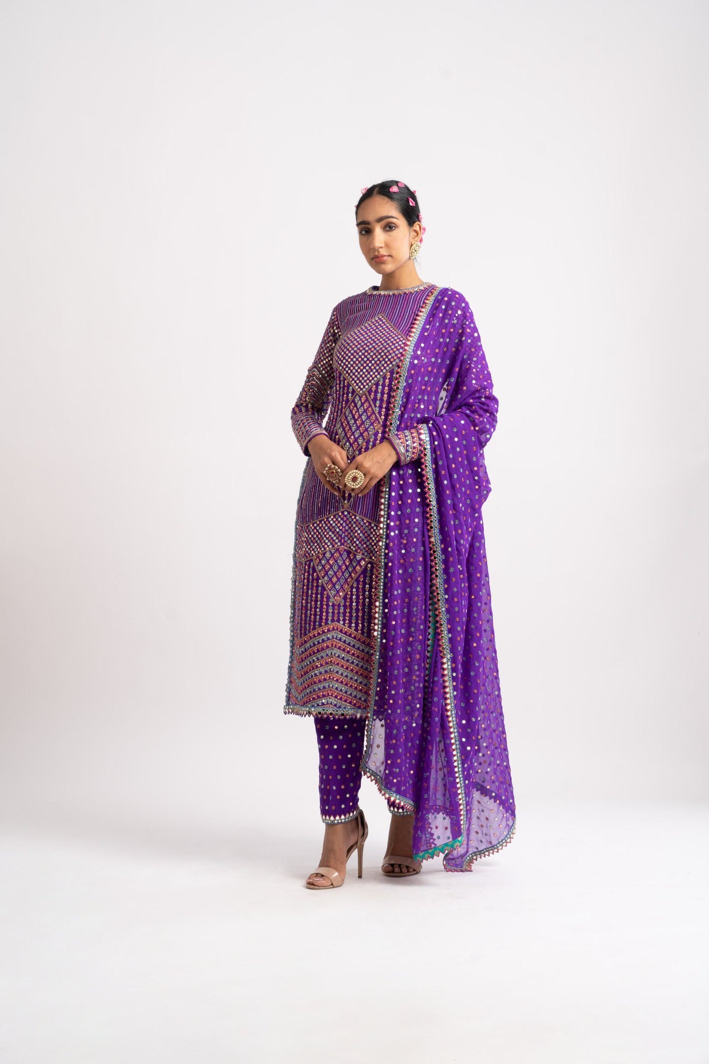 Purple Multi Embroidery Round Neck Kurta Set
