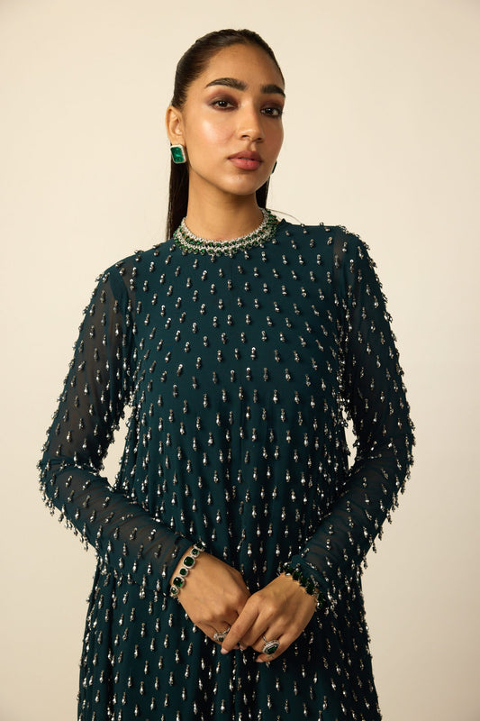 Dark Teal Silver Drop Kurta With Stole