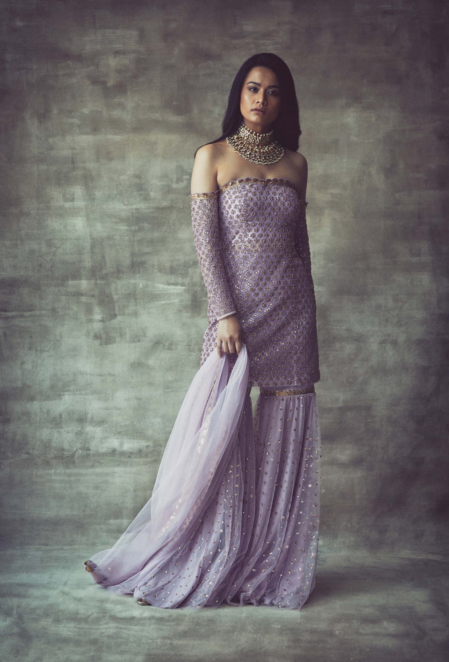 Lavender Off Shoulder Kurta Sharara Set