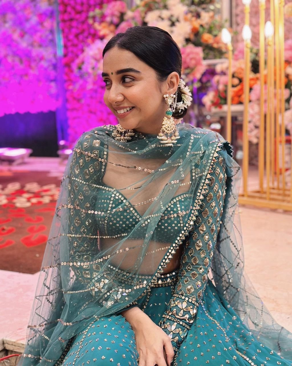 PRAJAKTA KOLI In Mud Green Single Tier Lehenga Set