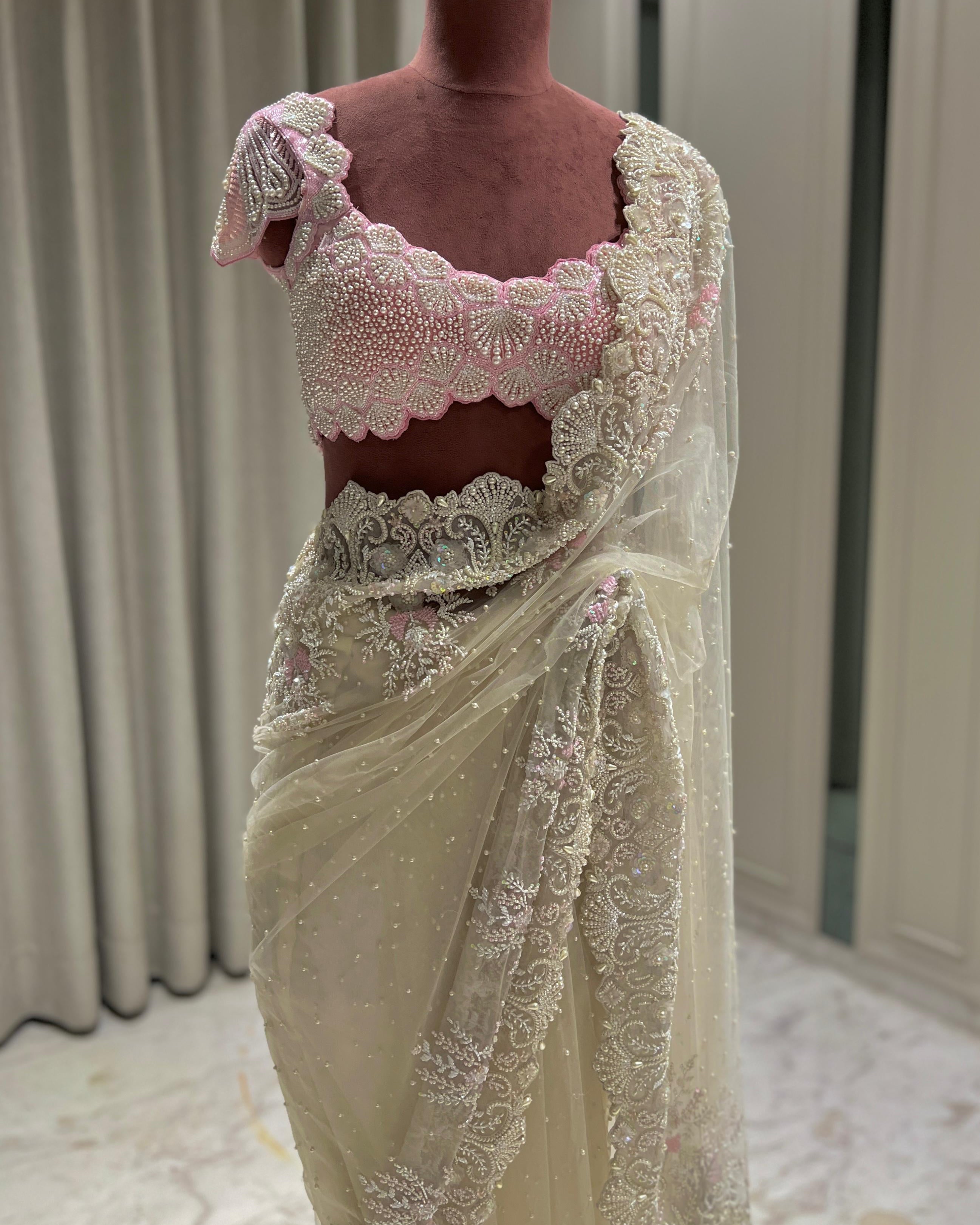 Off-White Embroidered Saree