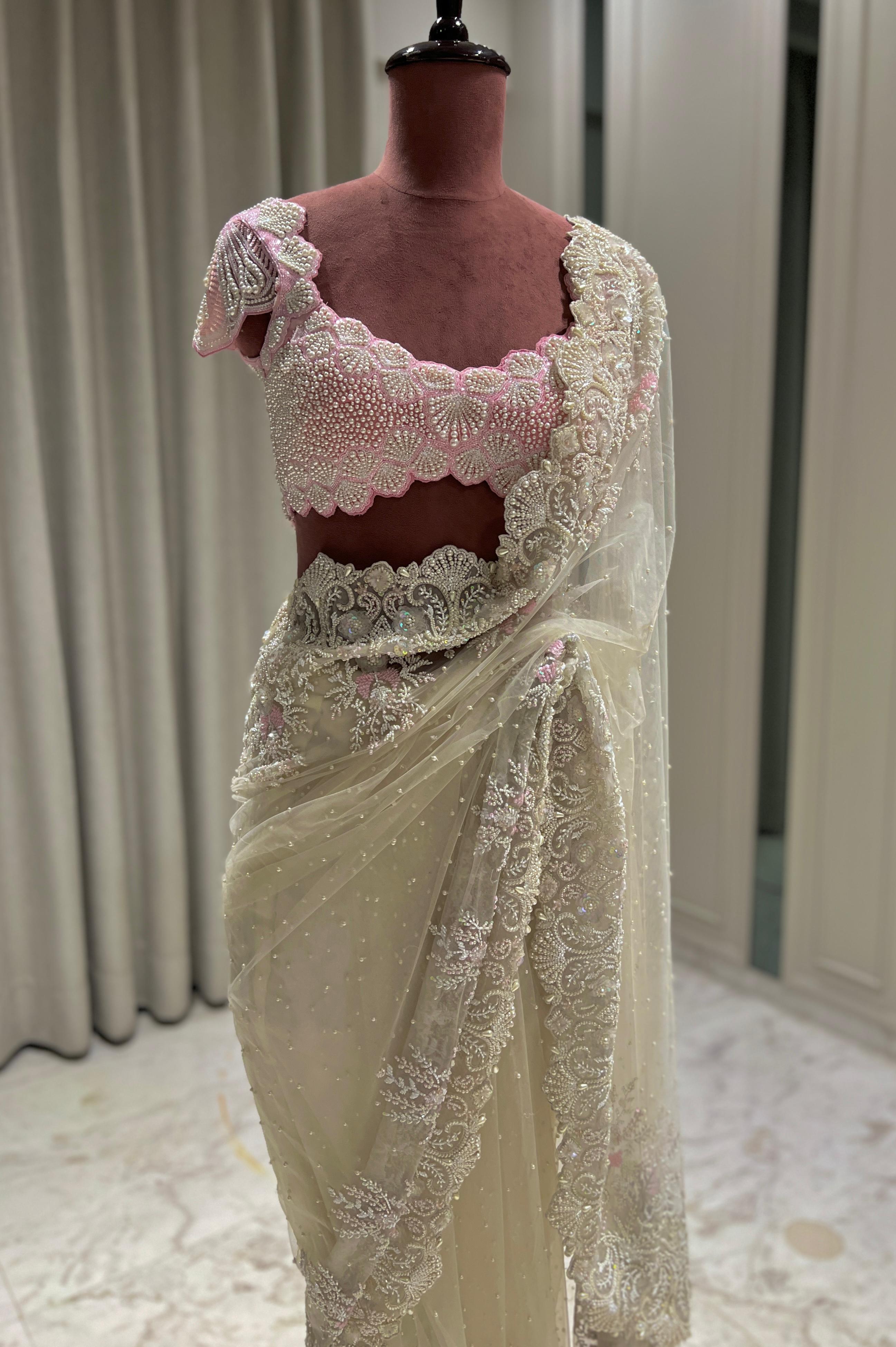 Off-White Embroidered Saree