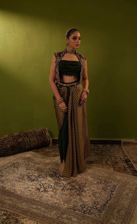 Green draped skirt with blouse and jamawar jacket