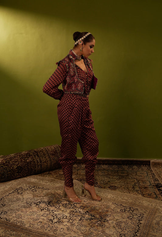 Maroon jumpsuit with jamawar jacket