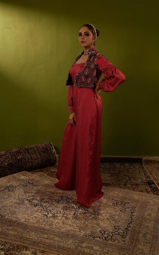 Red jumpsit with jamawar jacket