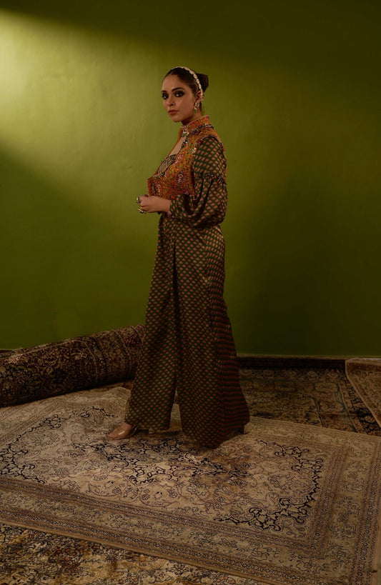 Green jumpsit with mustard yellow jamawar jacket