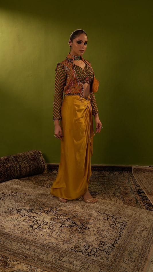 Mustard yellow draped skirt with jamawar jacket and green blouse
