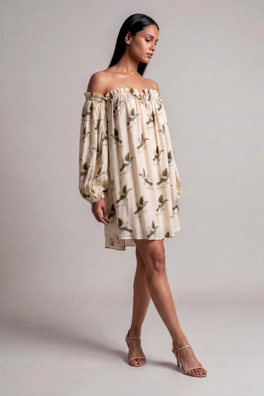 Ivory Gold Finch Off Shoulder Dress