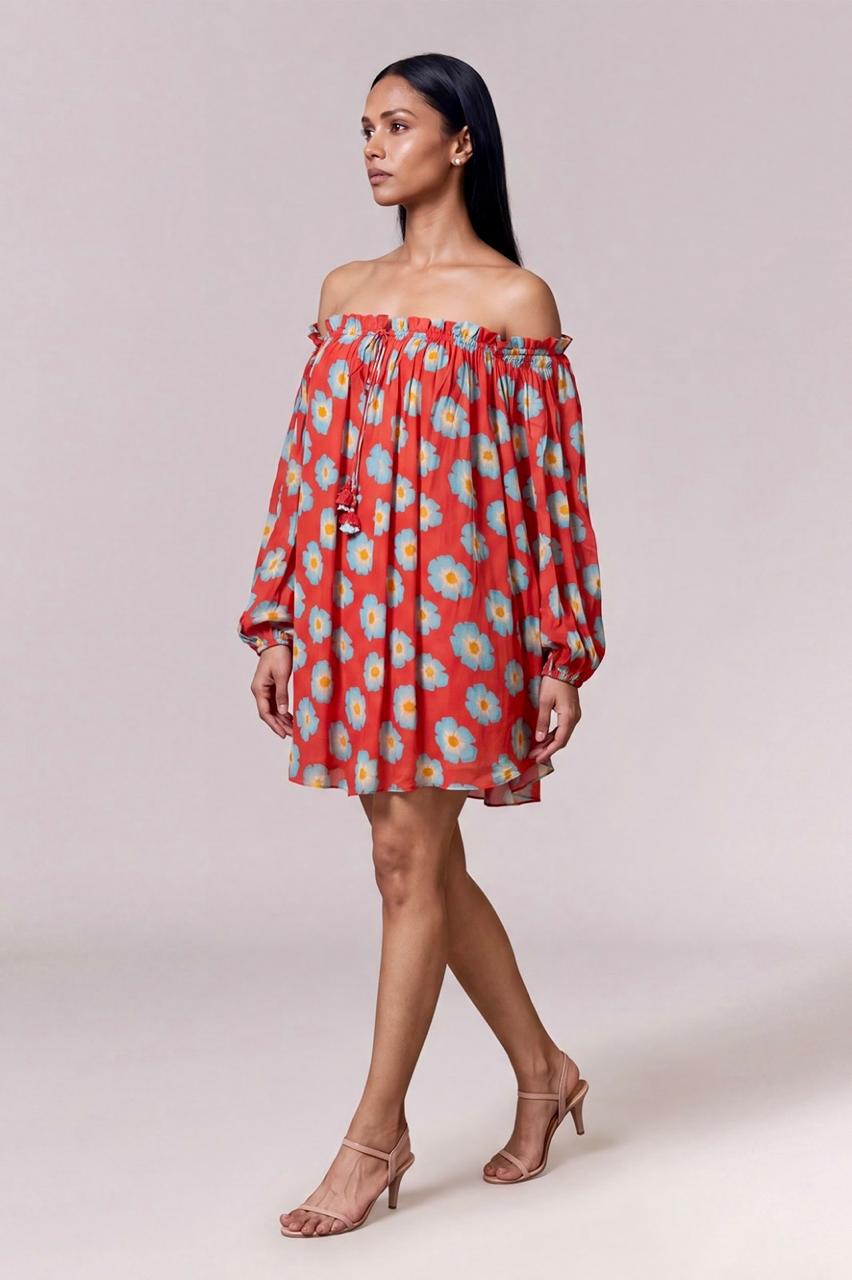 Red Crazy Daisy Off Shoulder Dress
