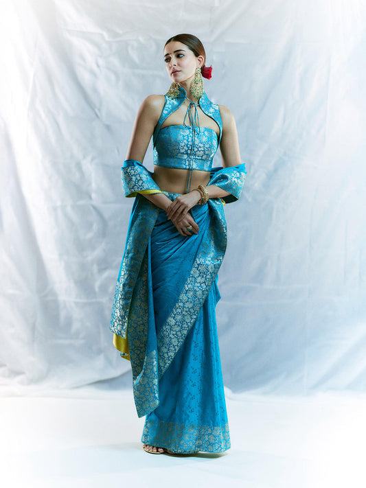 Handwoven Coral Blue Saree