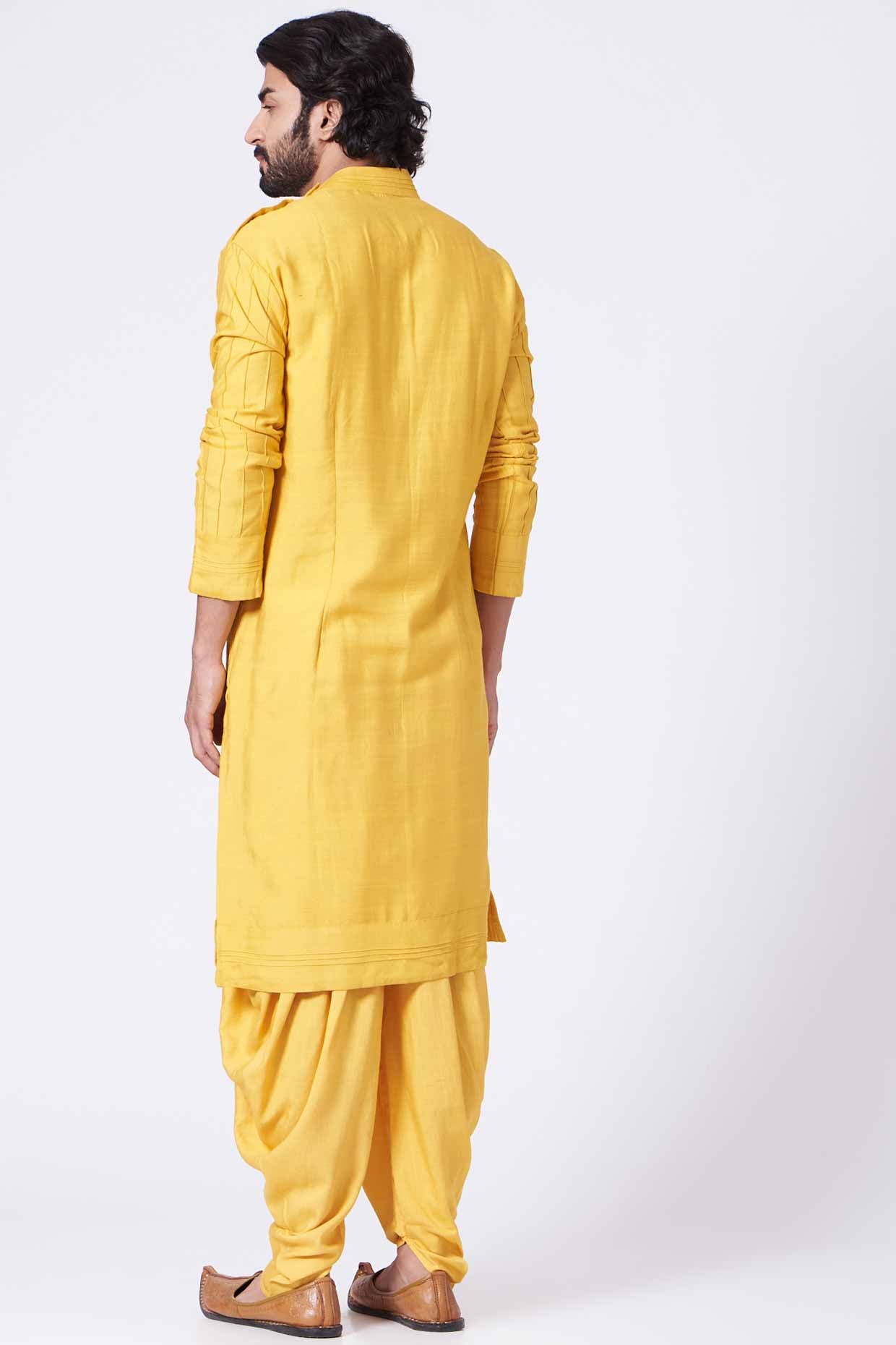Yellow Slub Silk Kurta Set