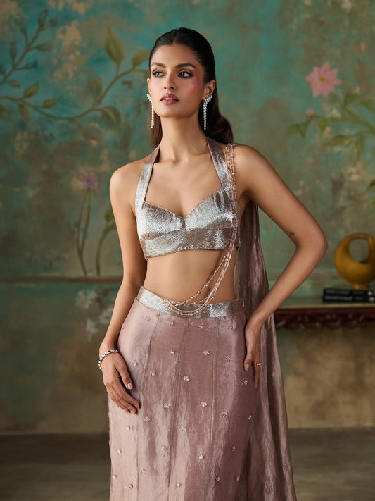 Rose Taupe Tissue Saree Set