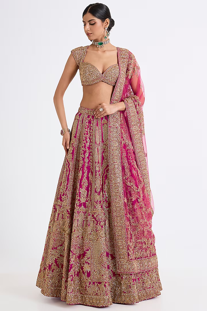Rani Pink Raw Silk Zari Hand & Machine Embroidered Lehenga Set