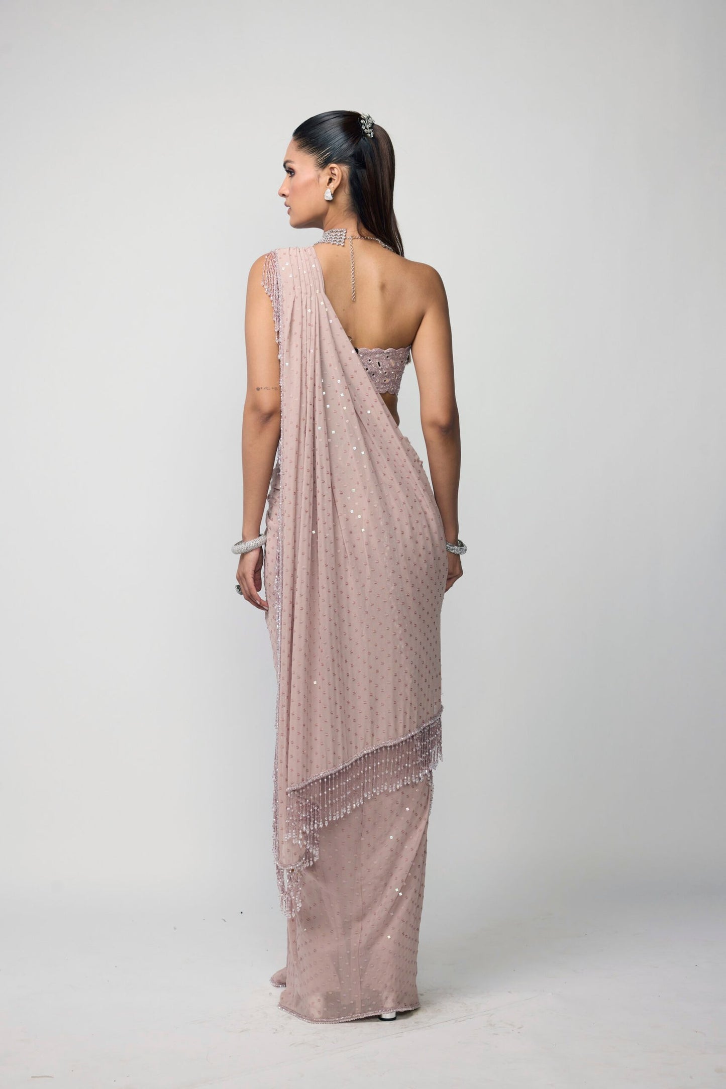 Ash Pink Draped Saree Set