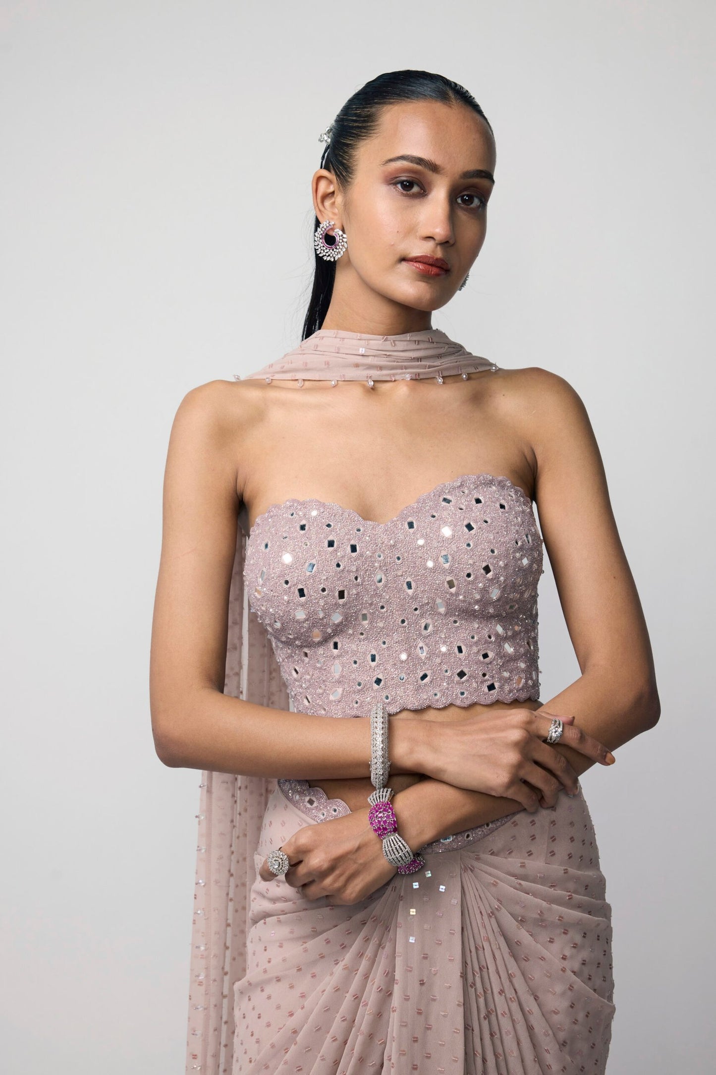 Ash Pink Draped Sequins Embroidered Skirt Set