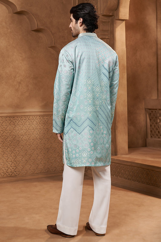Aqua Bandhani Print Linen Satin Kurta Set