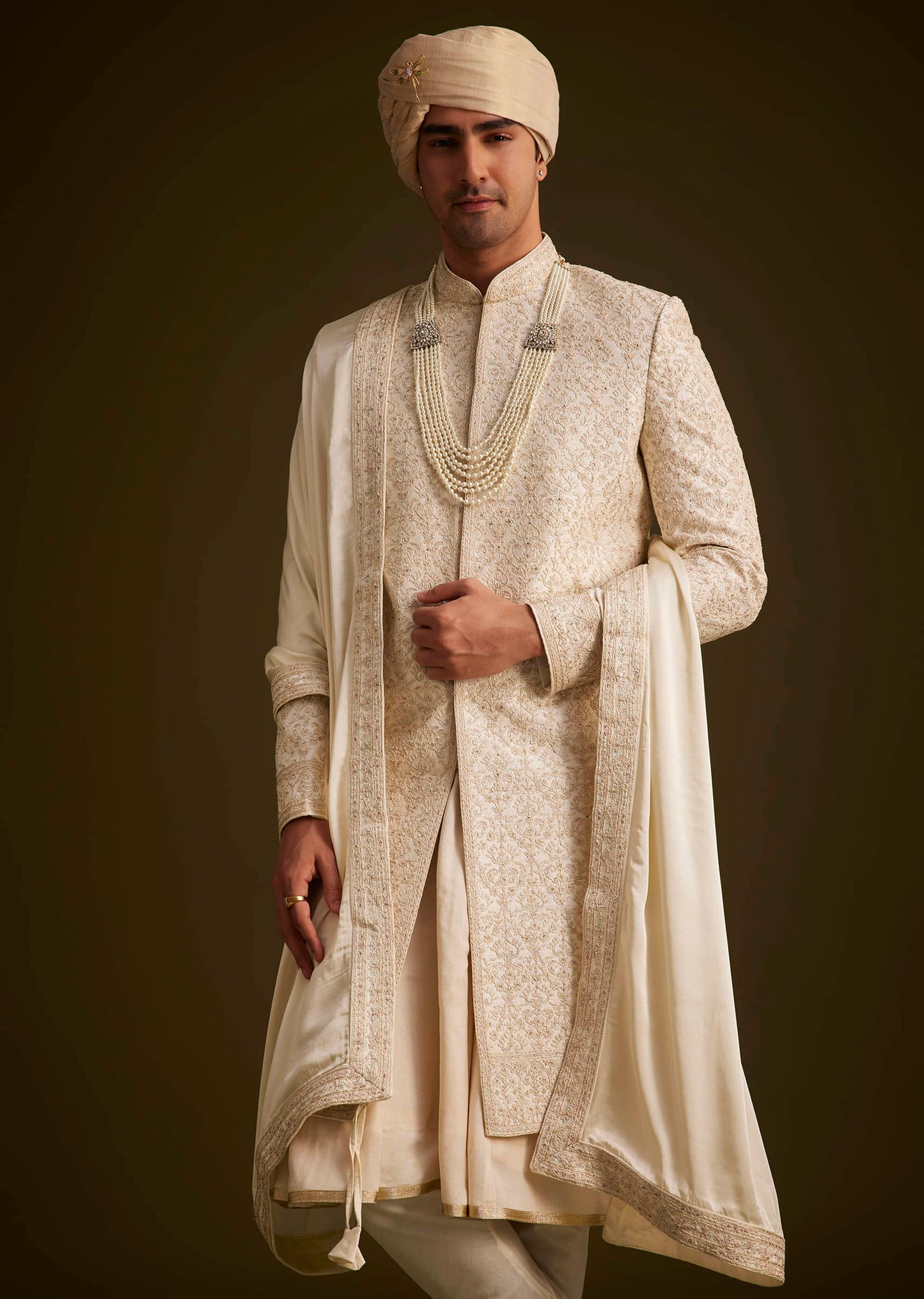 Beige Resham Embroidered Sherwani With Elegant Dupatta