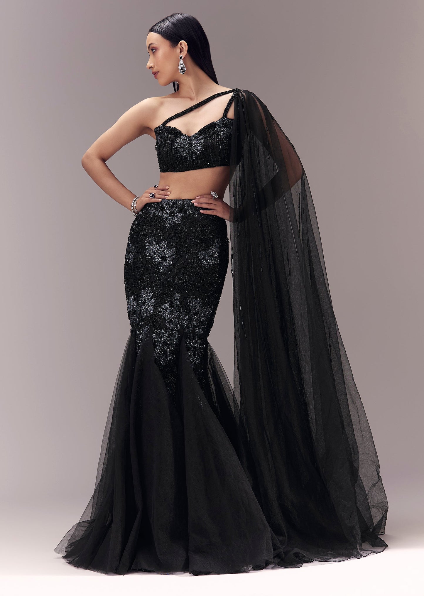 Black Fishcut Lehenga With Draped Blouse
